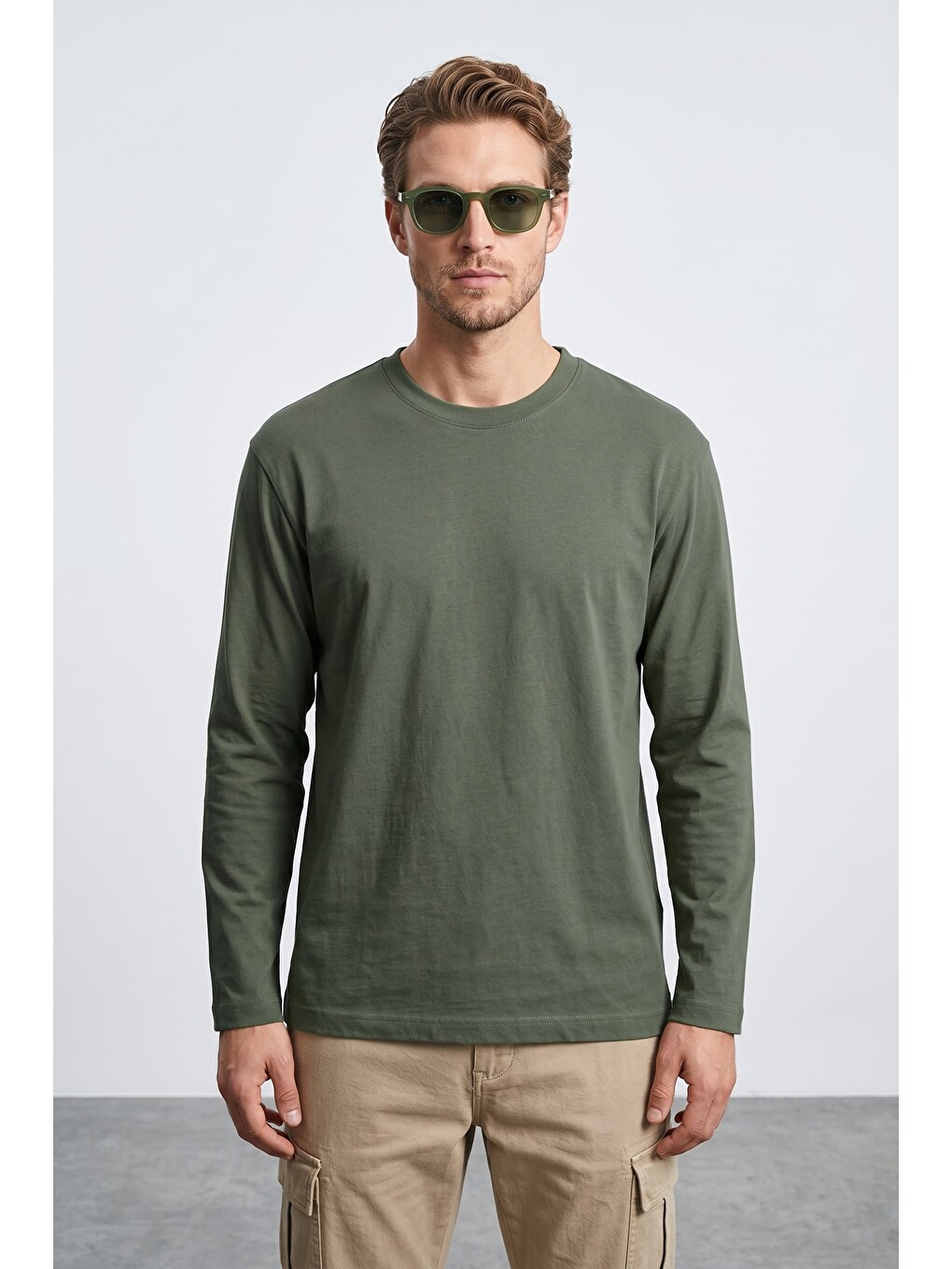 Haki Basic Bisiklet Yaka Sweatshirt-1