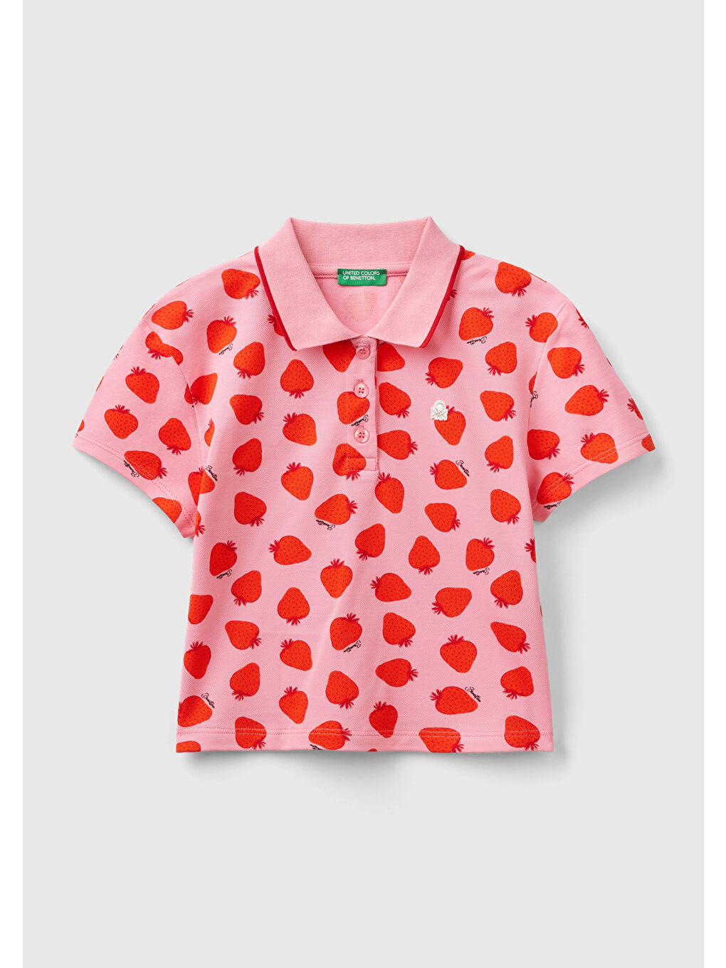 United Colors Of Benetton Kırmızı-Pembe Kız Çocuk Kırmızı-Pembe Tamamı Desenli Parlak Logo İşlemeli Düğmeli Polo Yaka T-Shirt