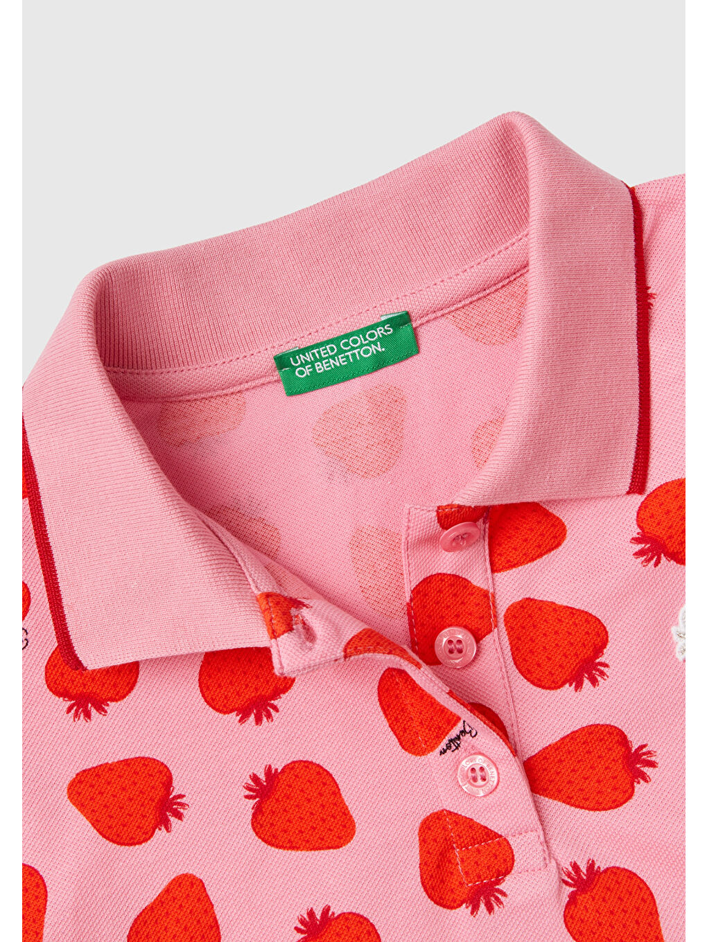 United Colors Of Benetton Kırmızı-Pembe Kız Çocuk Kırmızı-Pembe Tamamı Desenli Parlak Logo İşlemeli Düğmeli Polo Yaka T-Shirt - 1