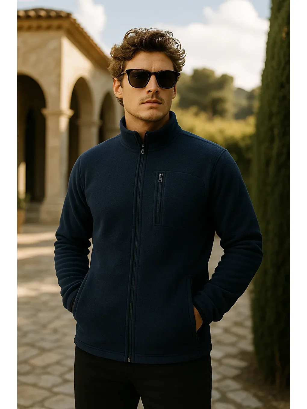 Erkek Kalın Fermuarlı Kışlık Cepli Lacivert Polar Ceket-1