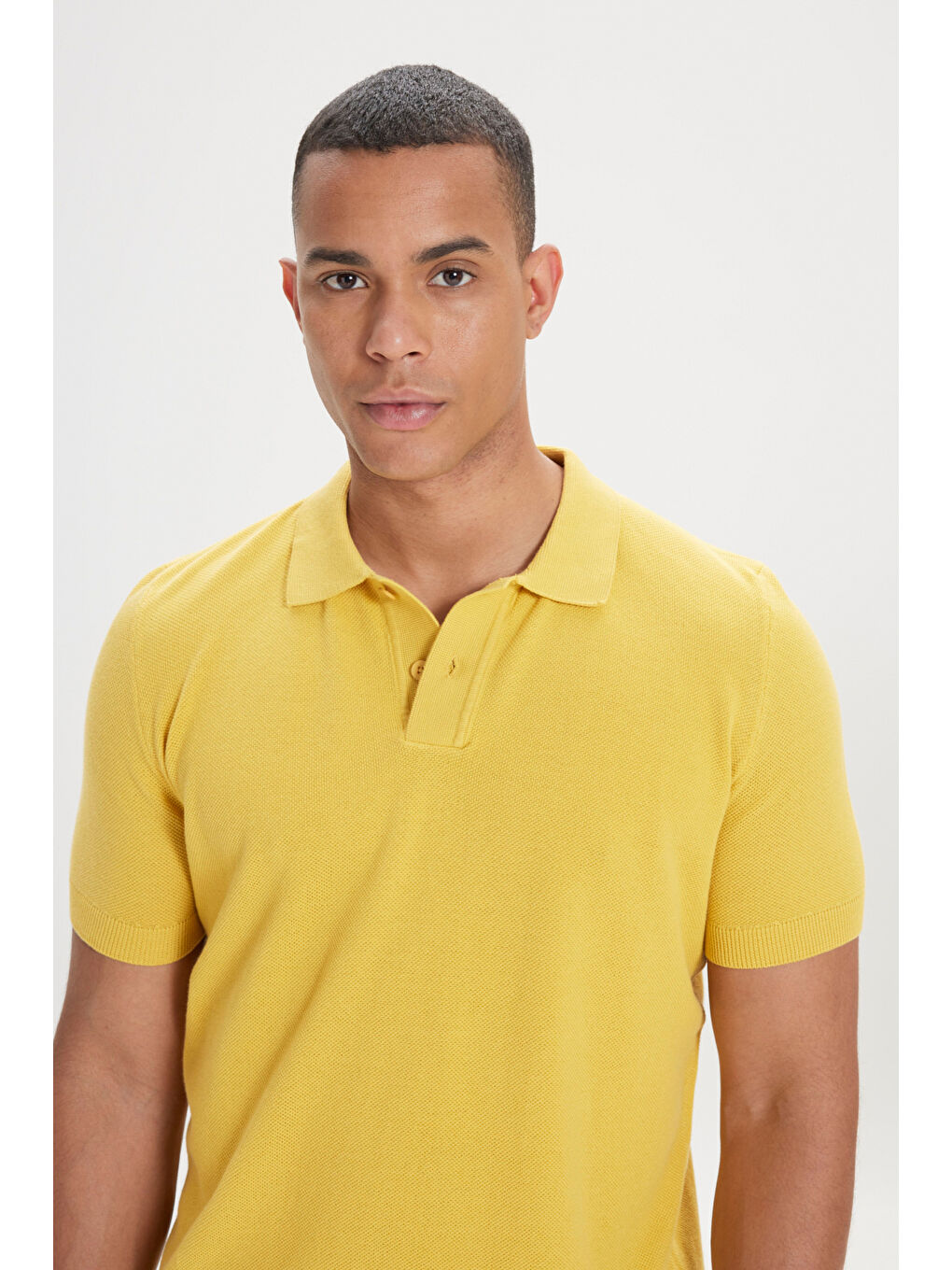 Erkek Sarı Standart Fit Normal Kesim Polo Yaka %100 Pamuk Desenli Kısa Kollu Triko Tişört-3