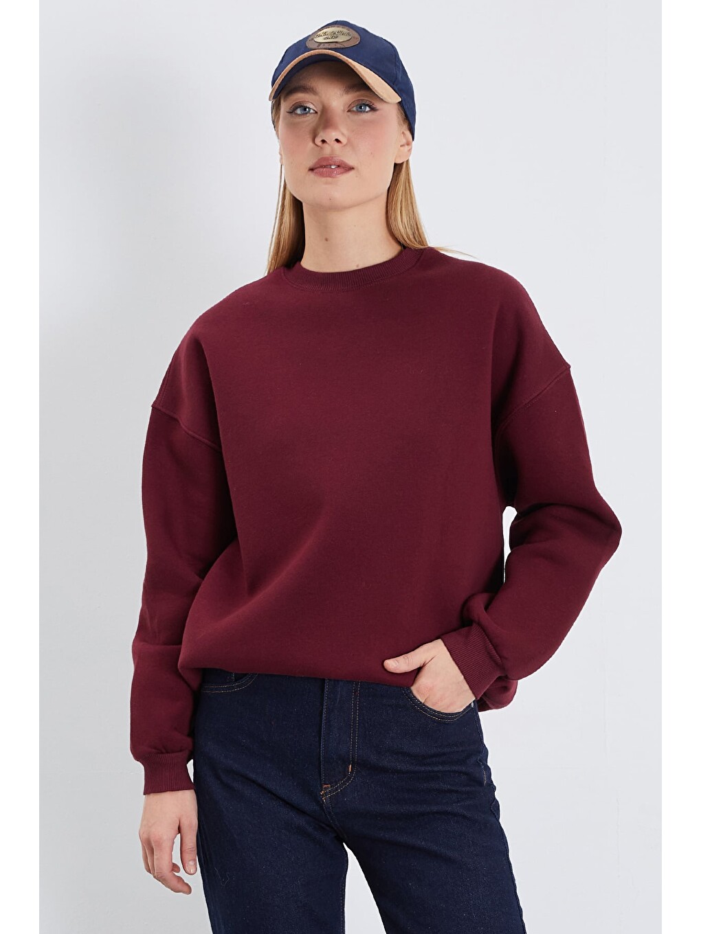 Mürdüm 3 İplik Basic Bisiklet Yaka Oversize Sweatshirt