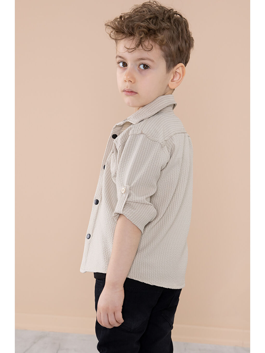 Ekru Krem Erkek Çocuk Çıtçıtlı Gömlekli Pantolonlu 3lü Alt Üst Takım 20266-4