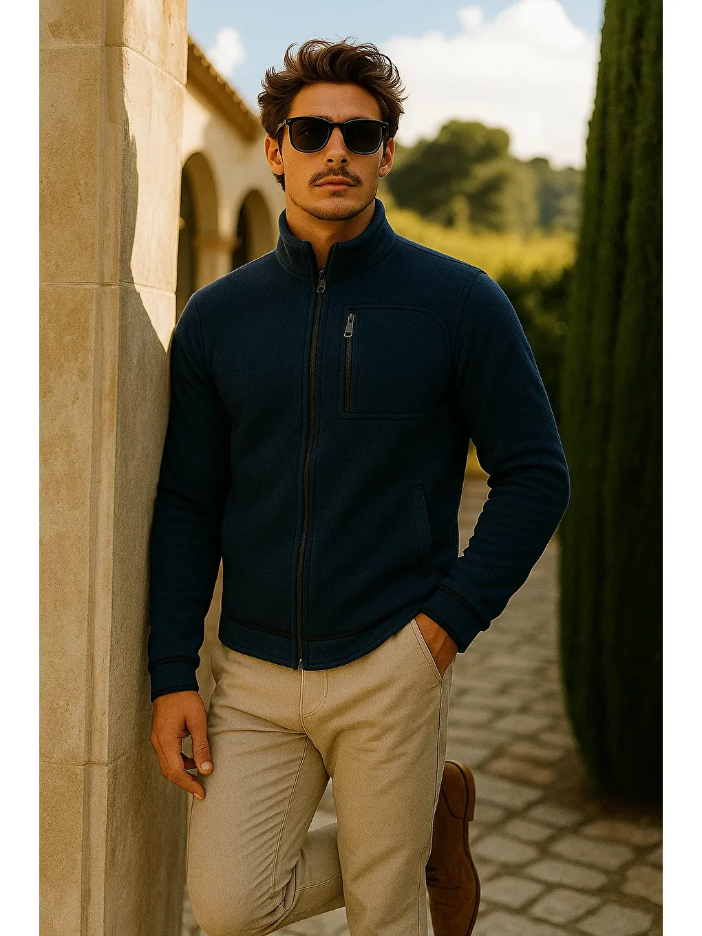 Erkek Kalın Fermuarlı Kışlık Cepli Lacivert Polar Ceket-2