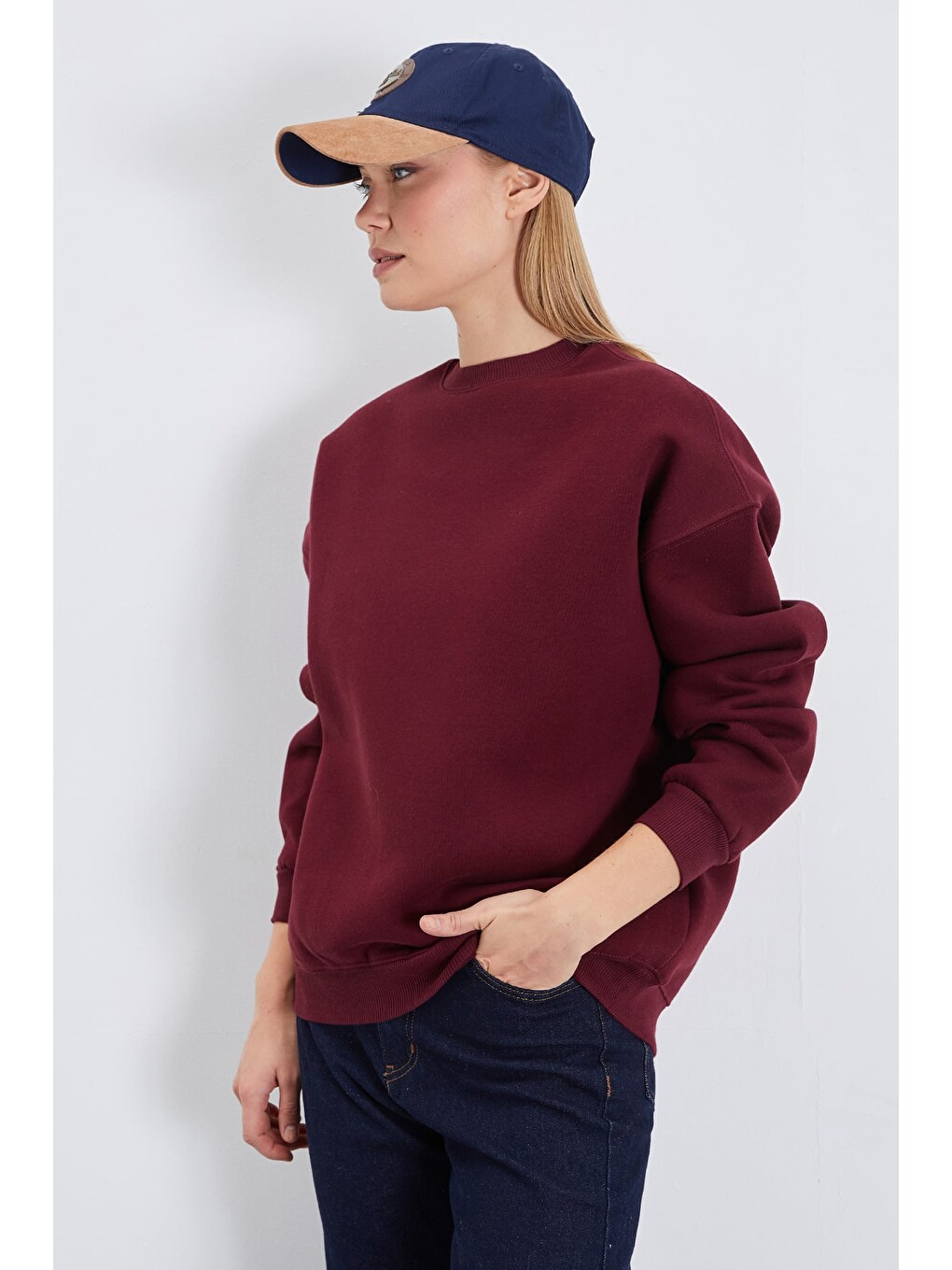 Mürdüm 3 İplik Basic Bisiklet Yaka Oversize Sweatshirt-1