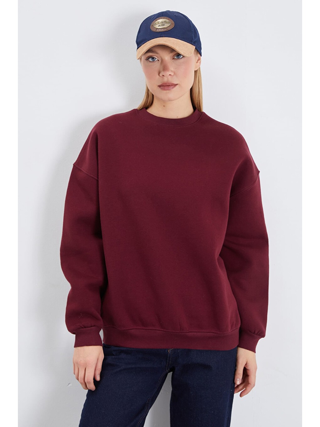 Mürdüm 3 İplik Basic Bisiklet Yaka Oversize Sweatshirt-2