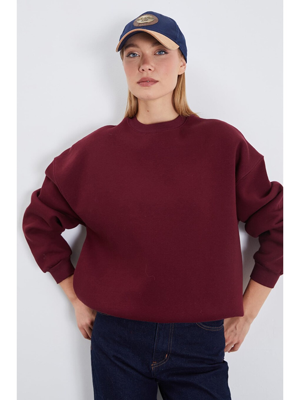 Mürdüm 3 İplik Basic Bisiklet Yaka Oversize Sweatshirt-3