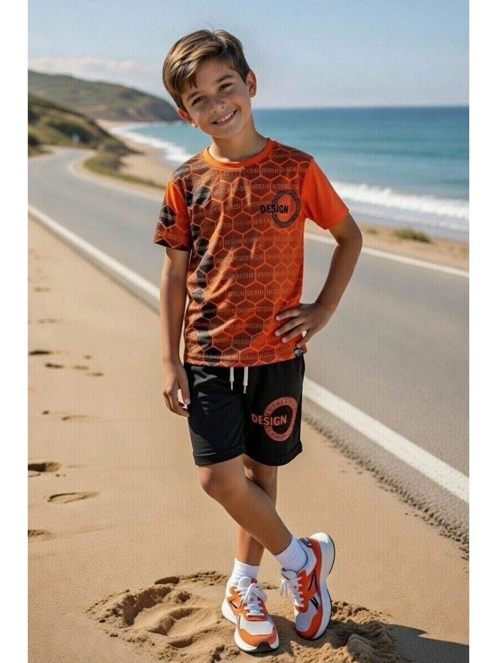 Erkek Çocuk Design Yazı ve Bal Peteği Detayları Turuncu Şortlu Takım-1