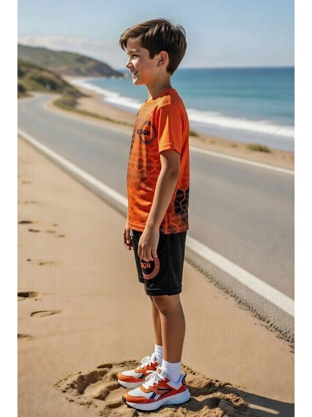 Erkek Çocuk Design Yazı ve Bal Peteği Detayları Turuncu Şortlu Takım-2