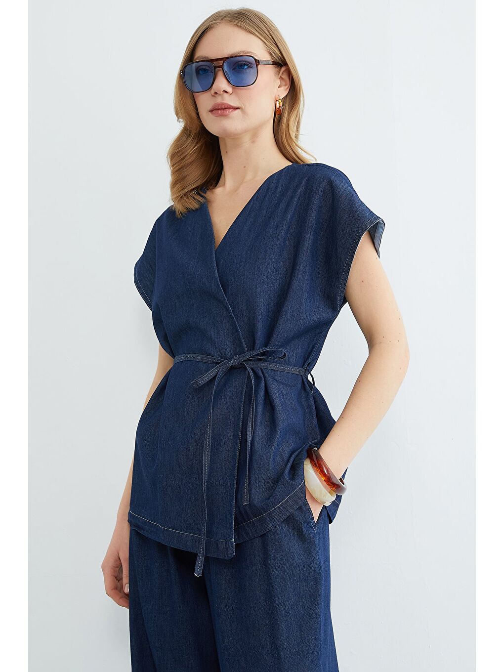 Lacivert Beli Bağlamalı Düşük Kol Yelekli Jean 2 Li Takım-2