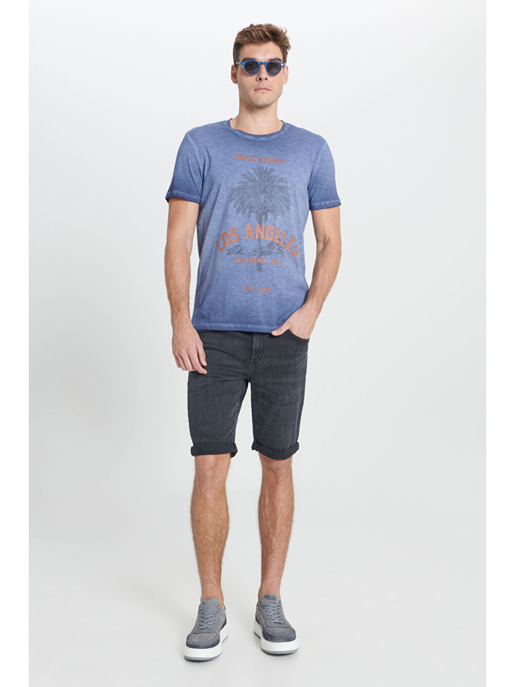 Erkek İndigo Standart Fit Normal Kesim %100 Pamuk Flamlı Bisiklet Yaka Tişört-1
