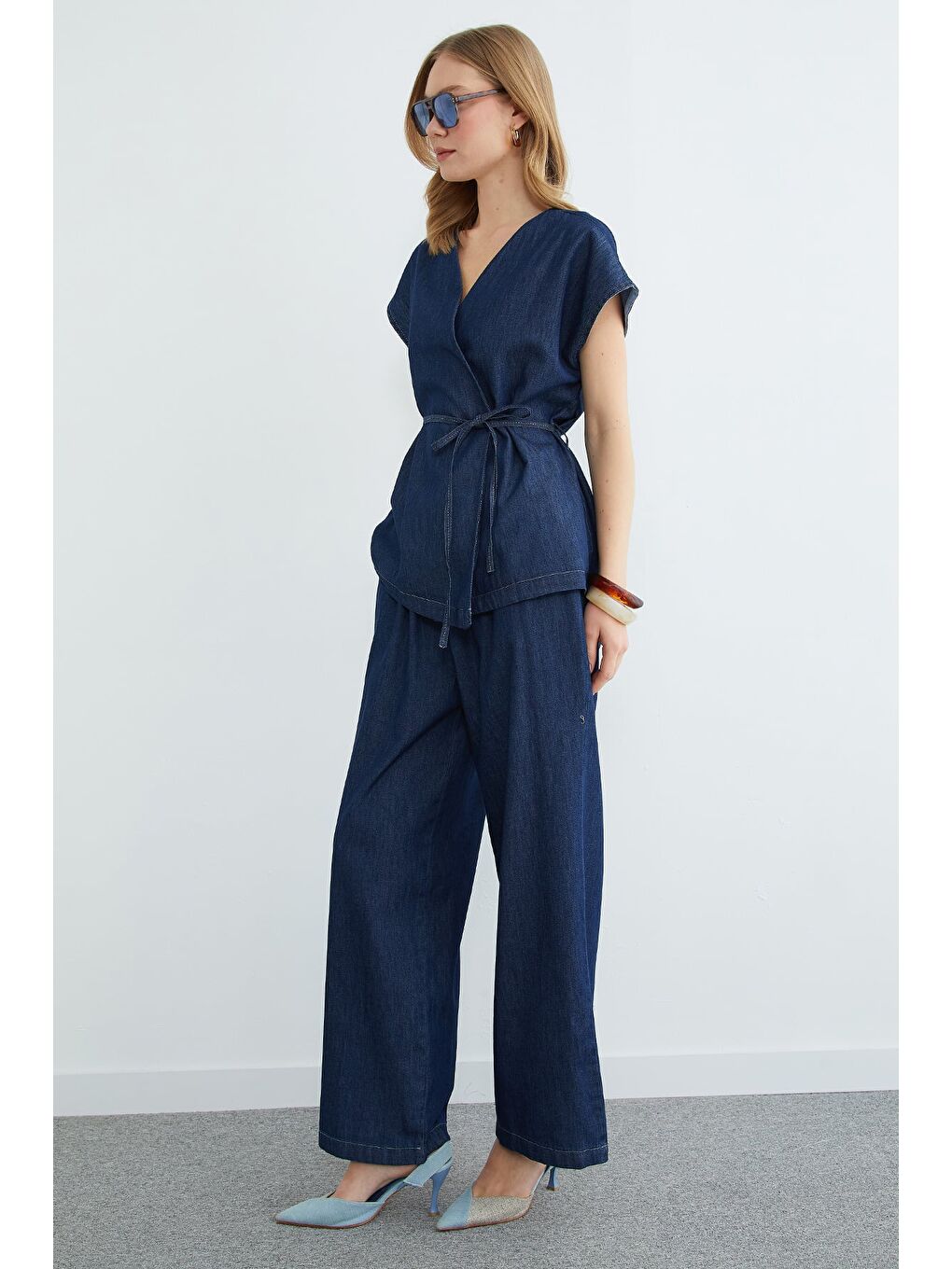 Lacivert Beli Bağlamalı Düşük Kol Yelekli Jean 2 Li Takım-3