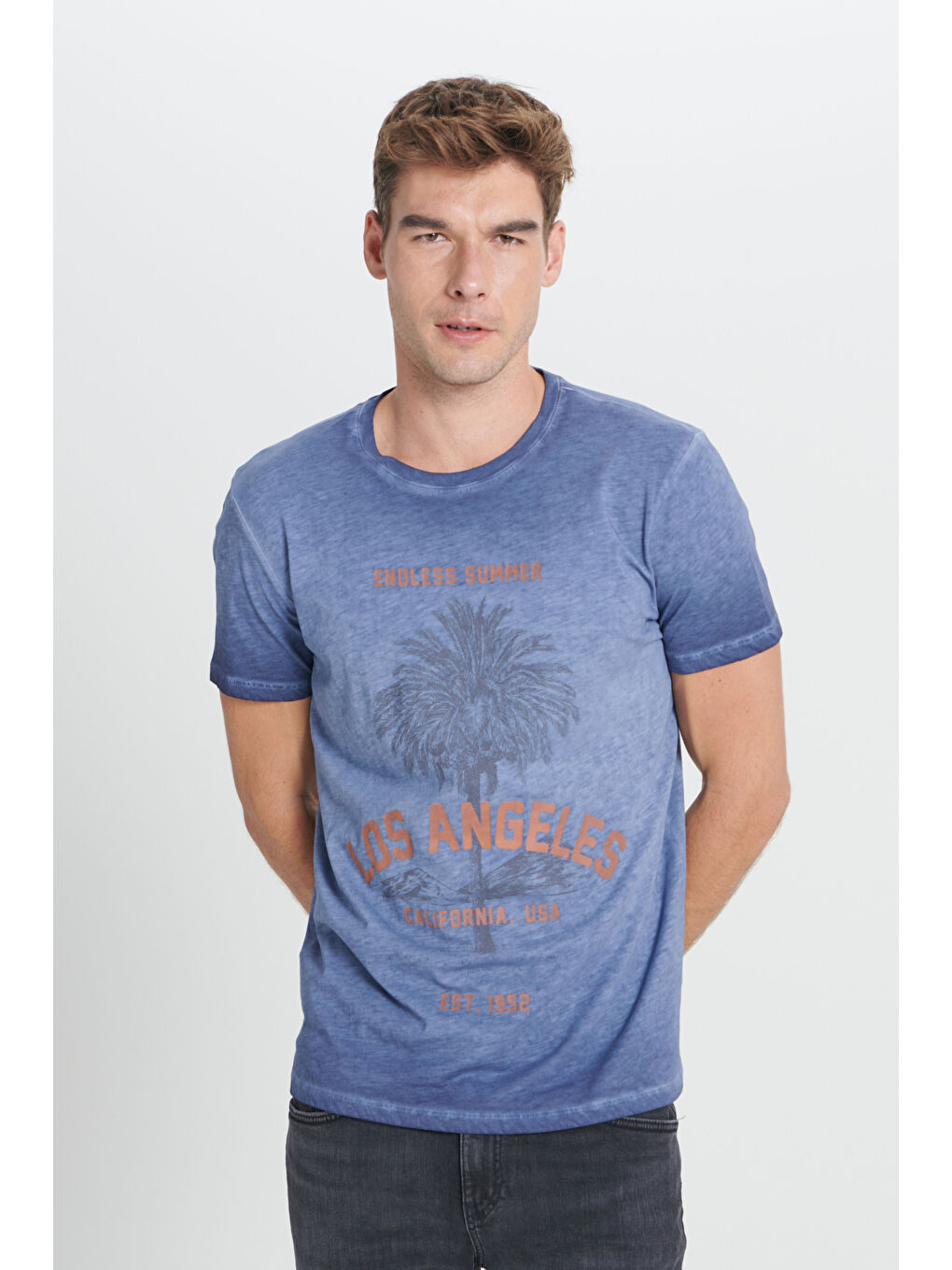 Erkek İndigo Standart Fit Normal Kesim %100 Pamuk Flamlı Bisiklet Yaka Tişört-2