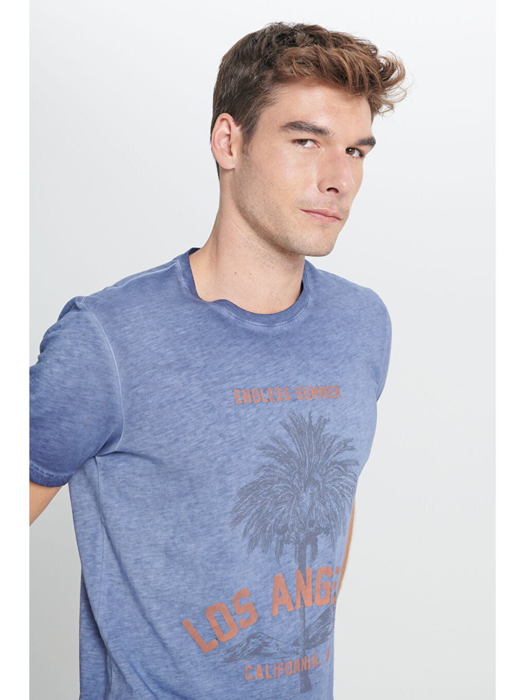 Erkek İndigo Standart Fit Normal Kesim %100 Pamuk Flamlı Bisiklet Yaka Tişört-3