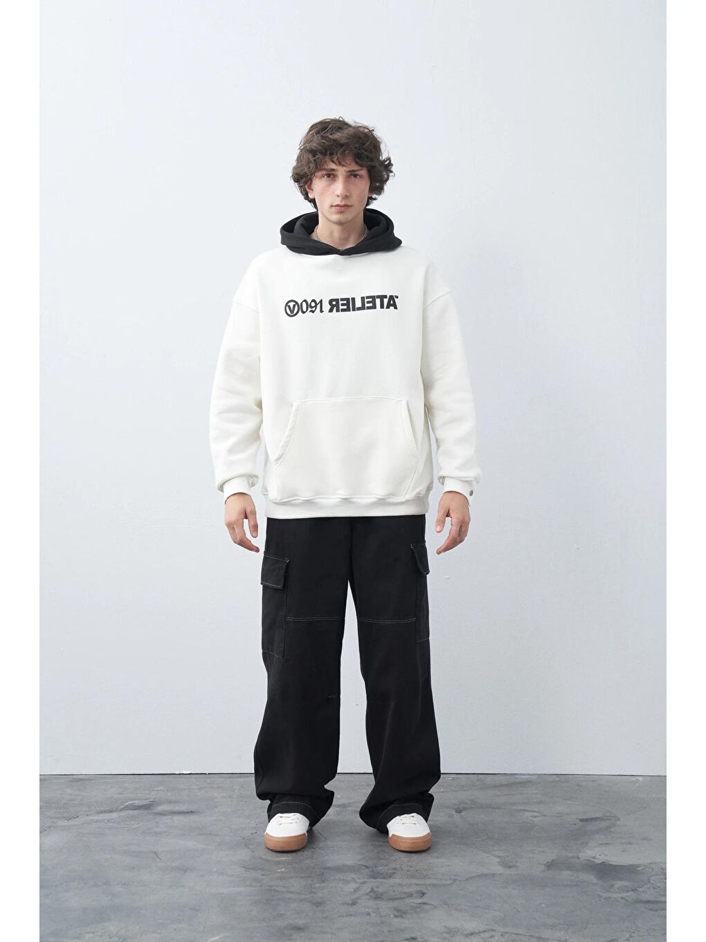 Siyah Oversize Gabardin Kargo Pantolon-1