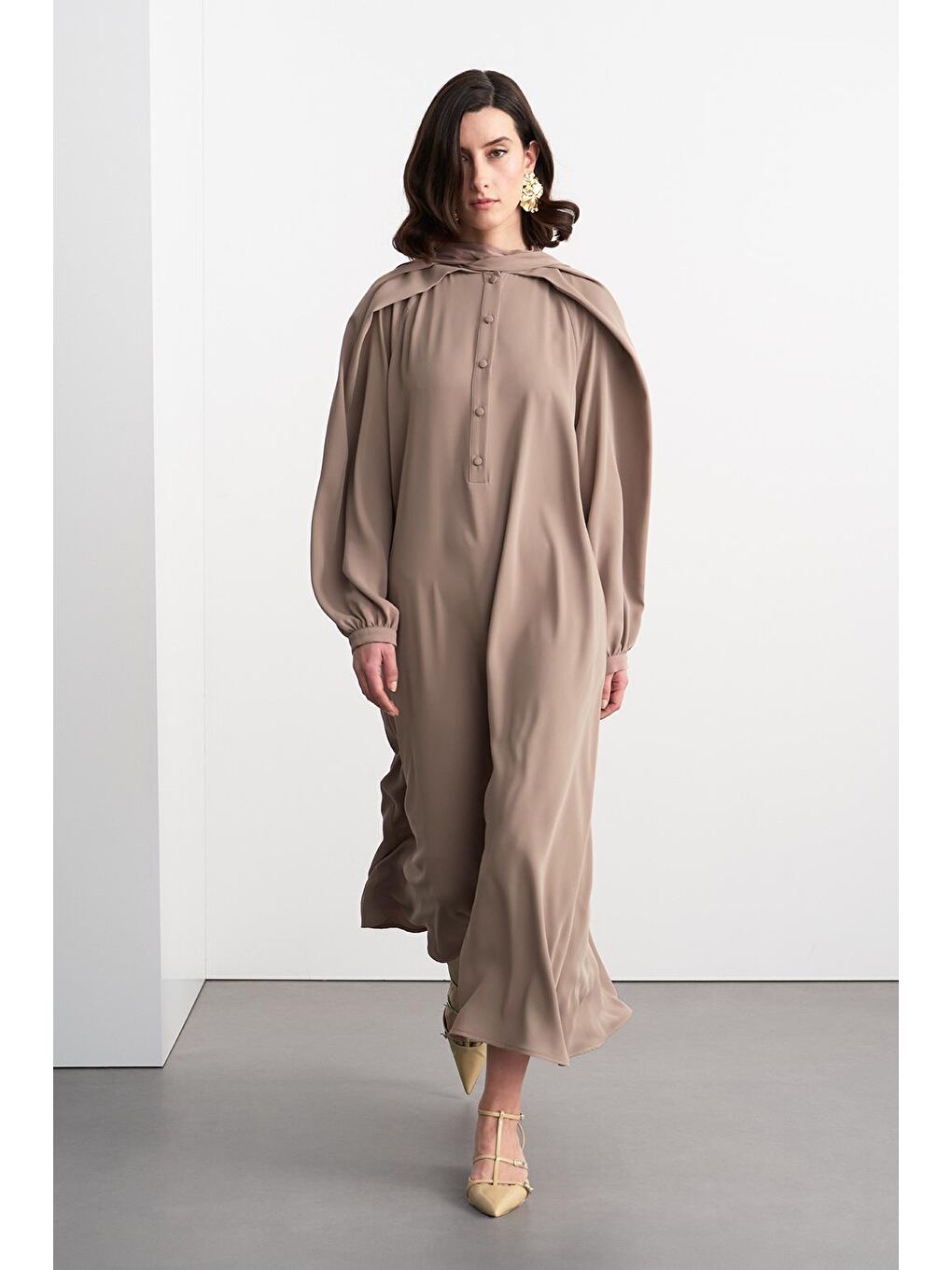 Bej Alien Cupra Uzun Elbise Vizon-2