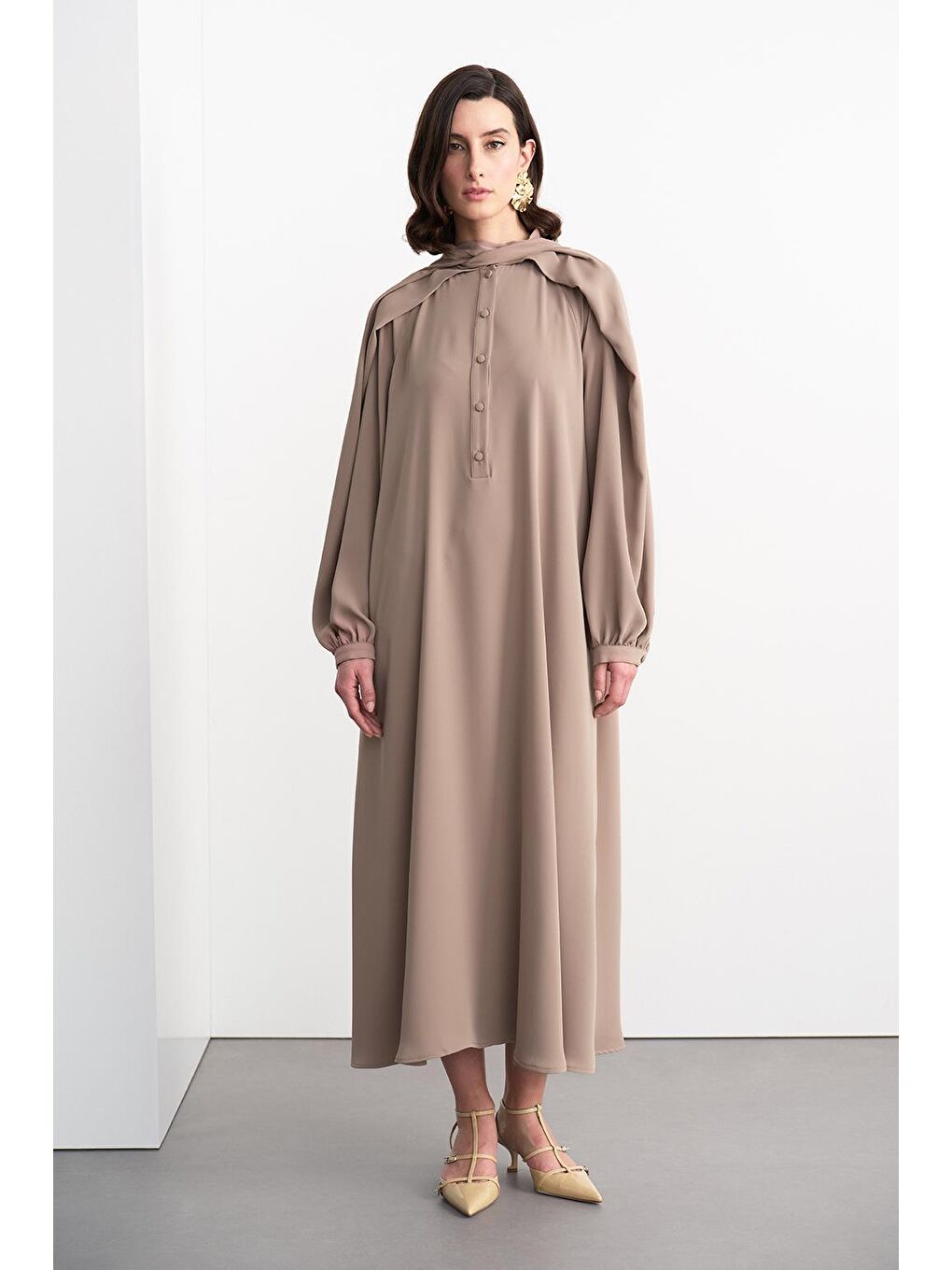 Bej Alien Cupra Uzun Elbise Vizon-3
