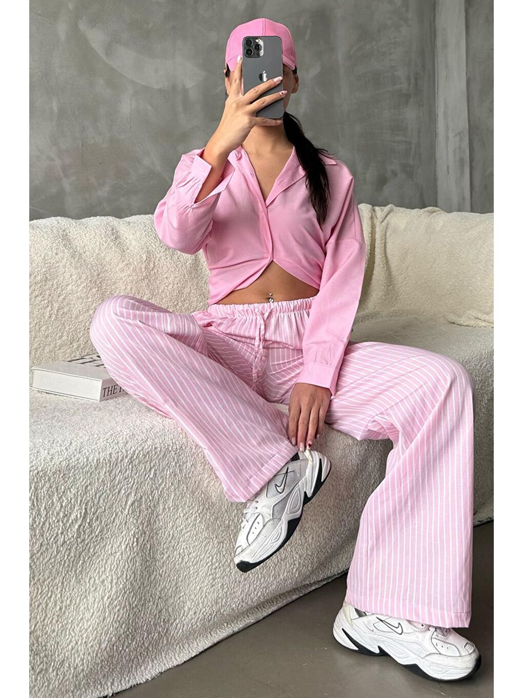 Pembe Beli Ayarlanabilir Çizgili Cepli Bol Paça Kadın Pantolon Mg2312-2