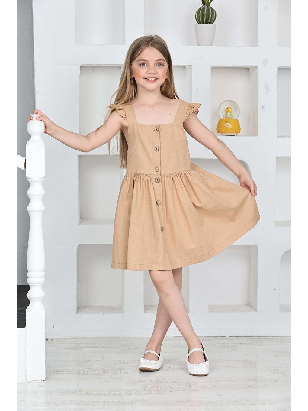 Kahverengi Kız Çocuk %100 Pamuk Keten Elbise 12197