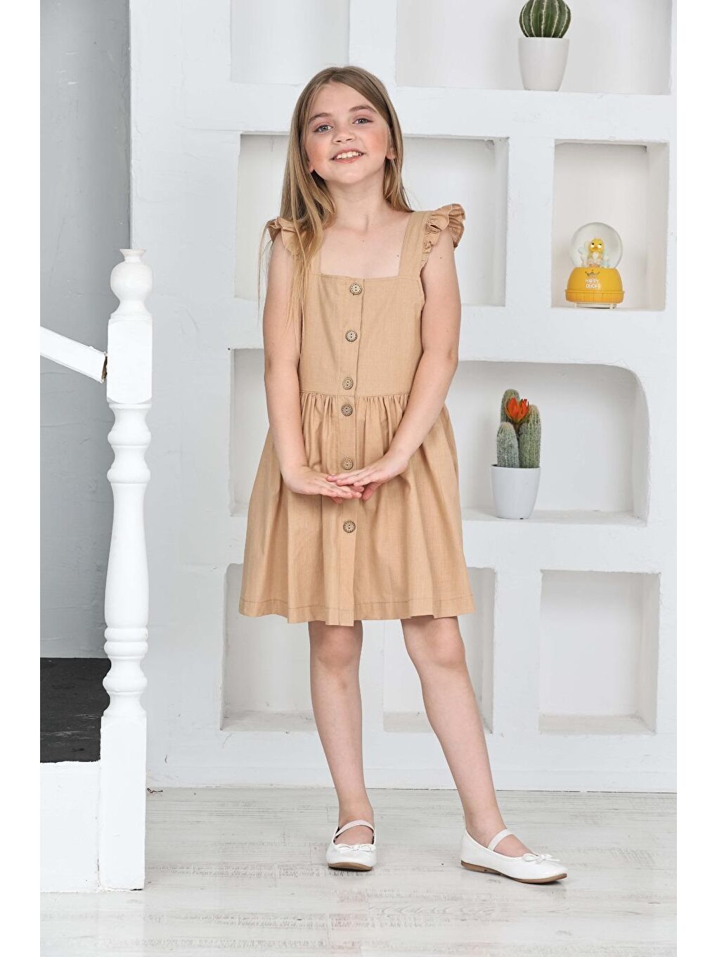 Kahverengi Kız Çocuk %100 Pamuk Keten Elbise 12197-1