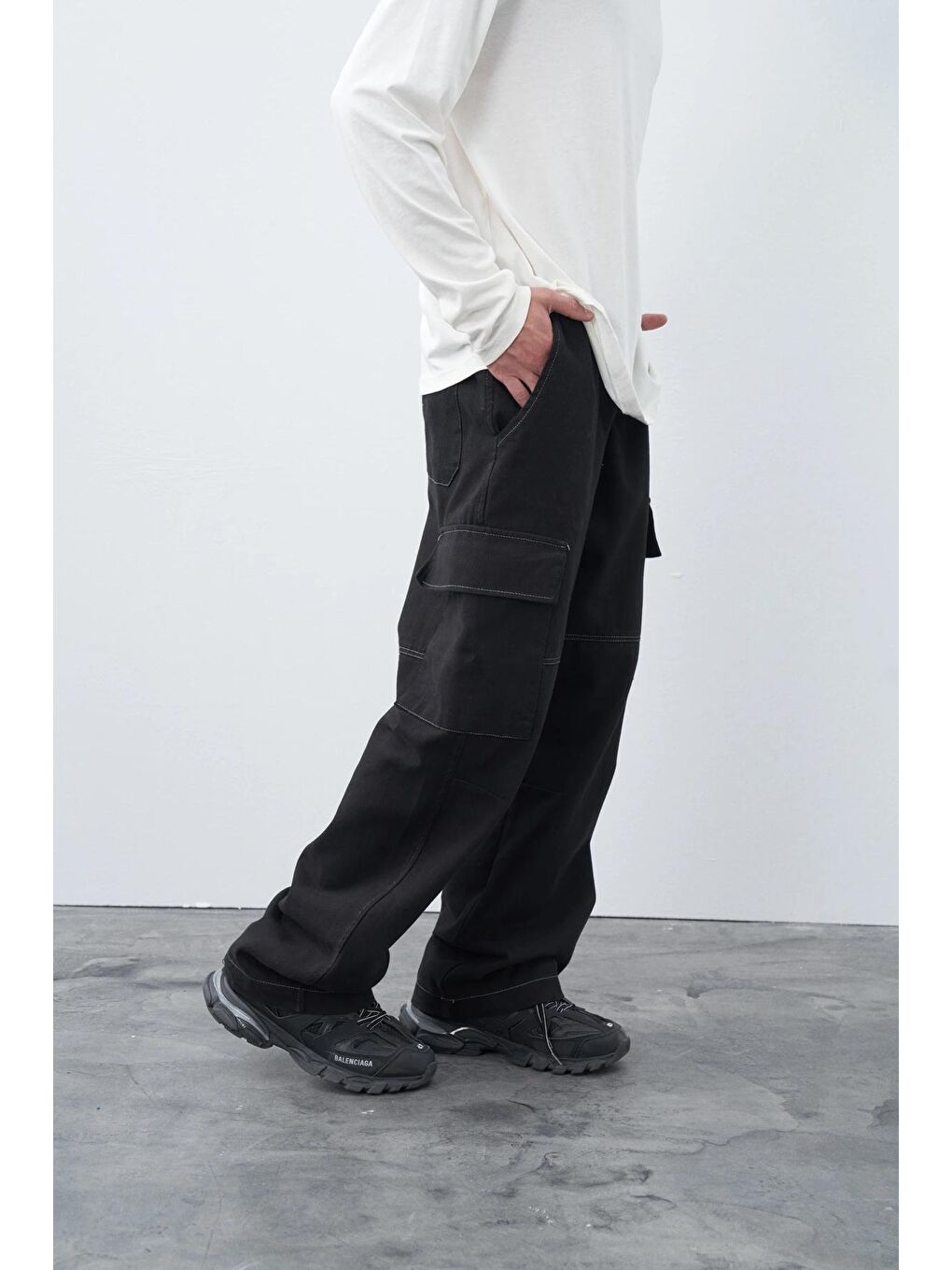 Siyah Oversize Gabardin Kargo Pantolon-2