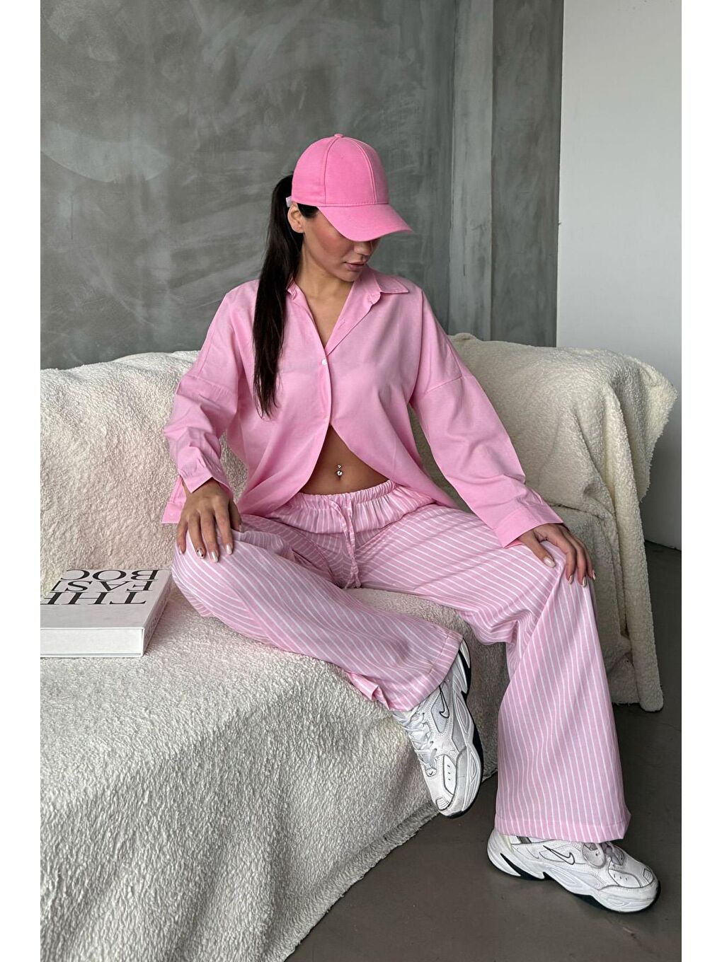 Pembe Beli Ayarlanabilir Çizgili Cepli Bol Paça Kadın Pantolon Mg2312-4