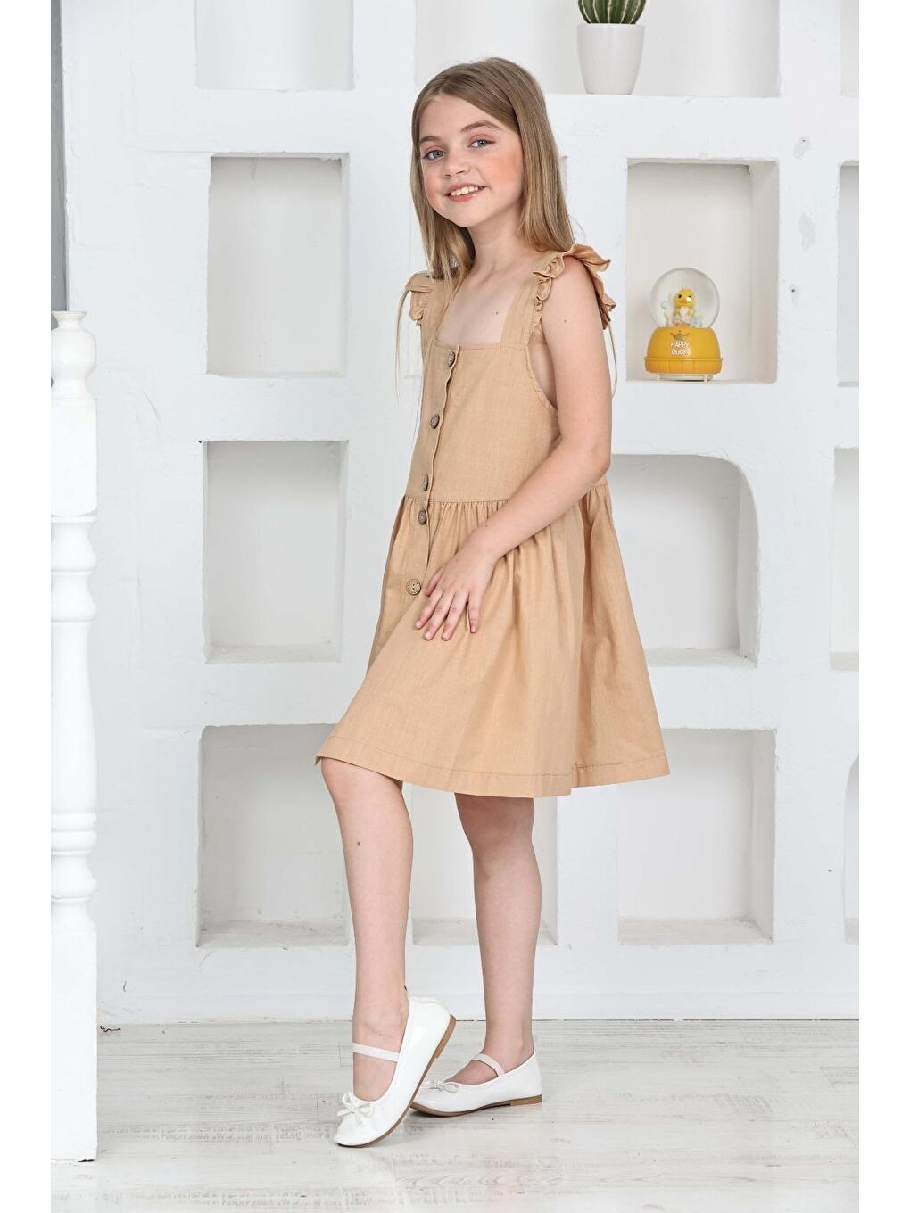 Kahverengi Kız Çocuk %100 Pamuk Keten Elbise 12197-2