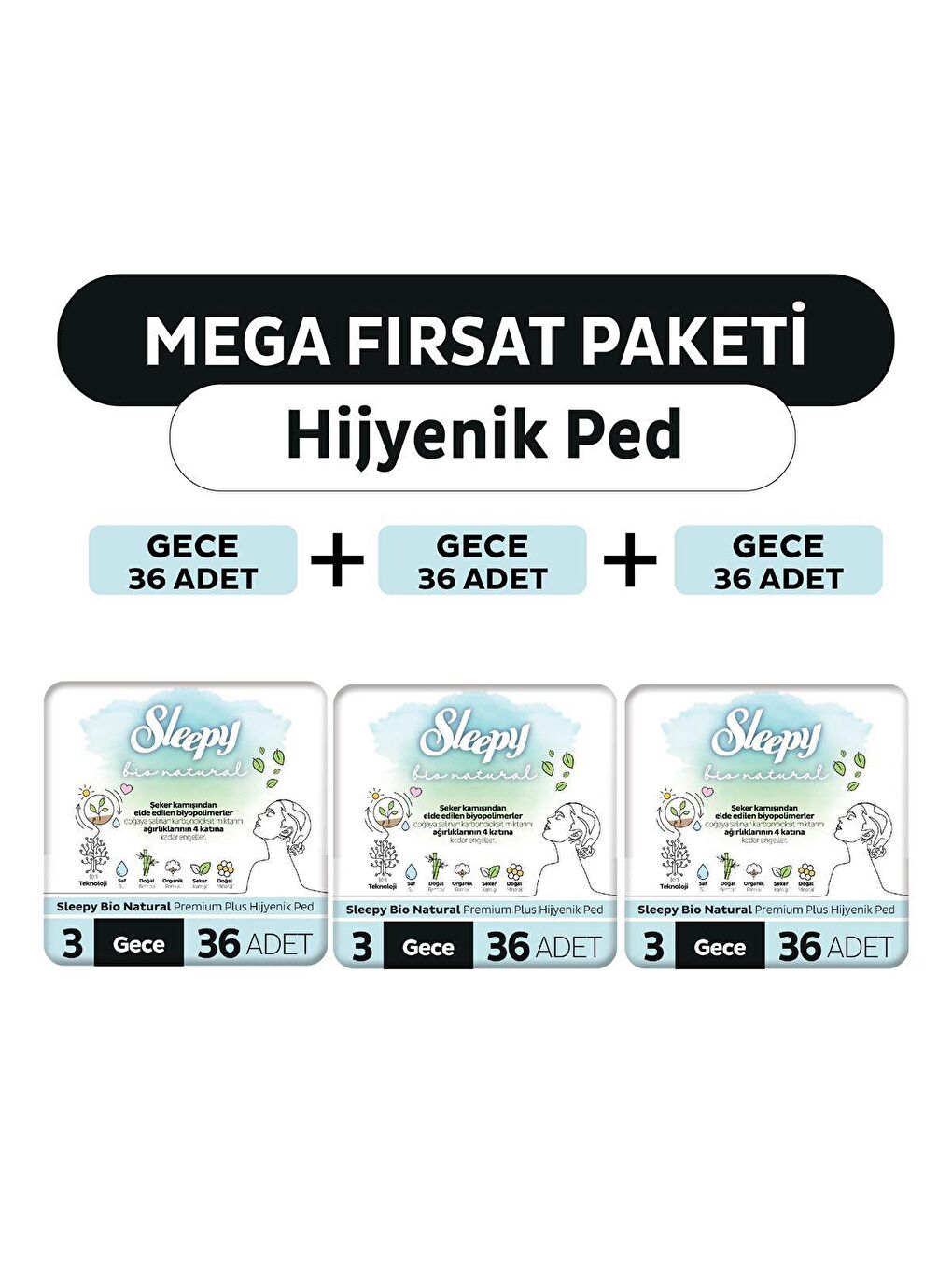 Sleepy Beyaz Bio Natural Premium Plus Hijyenik Ped Gece 108 Adet