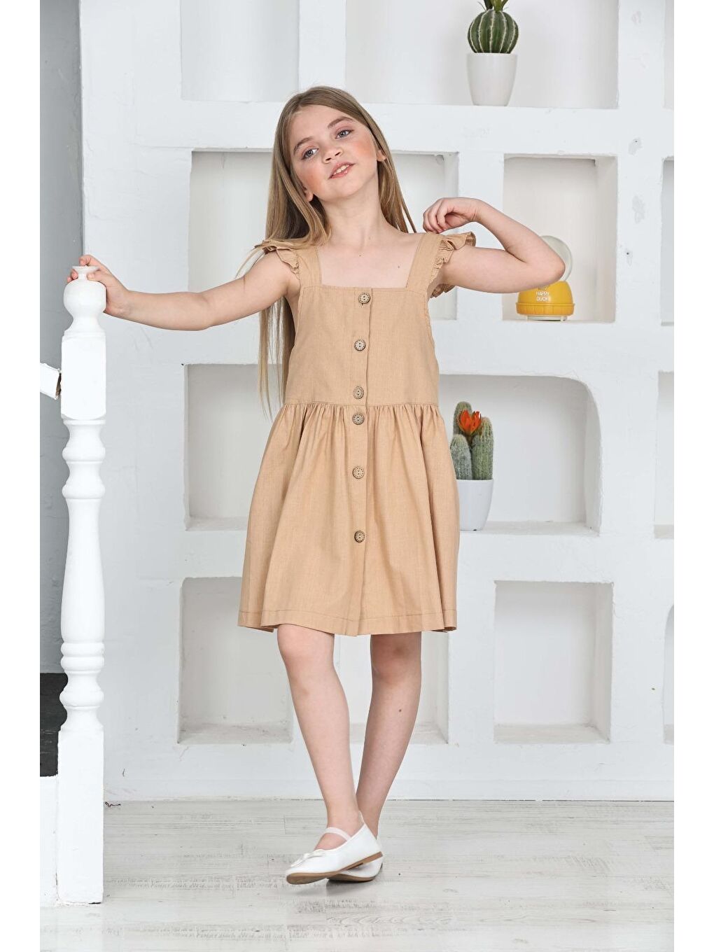Kahverengi Kız Çocuk %100 Pamuk Keten Elbise 12197-3