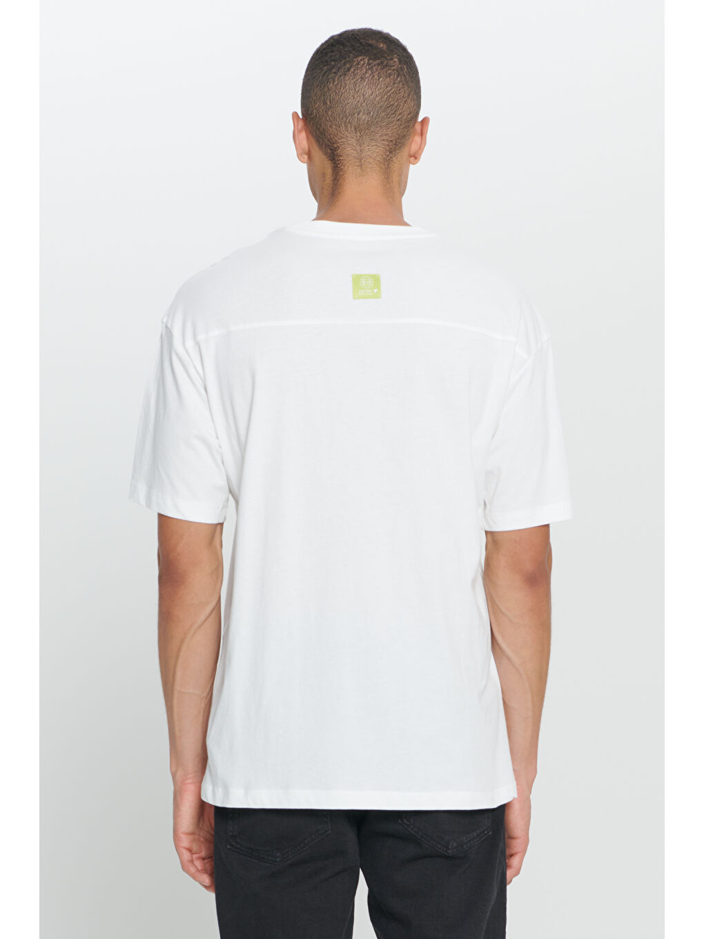 Erkek Ekru Loose Fit Bol Kesim %100 Pamuk Baskılı Bisiklet Yaka Tişört-4