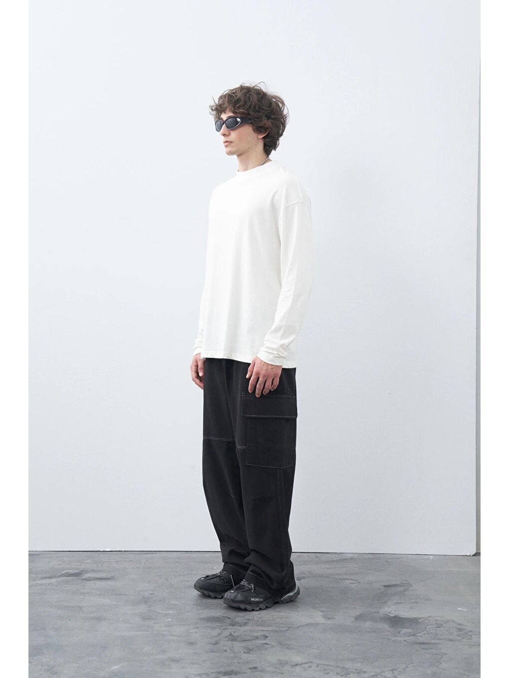 Siyah Oversize Gabardin Kargo Pantolon-3