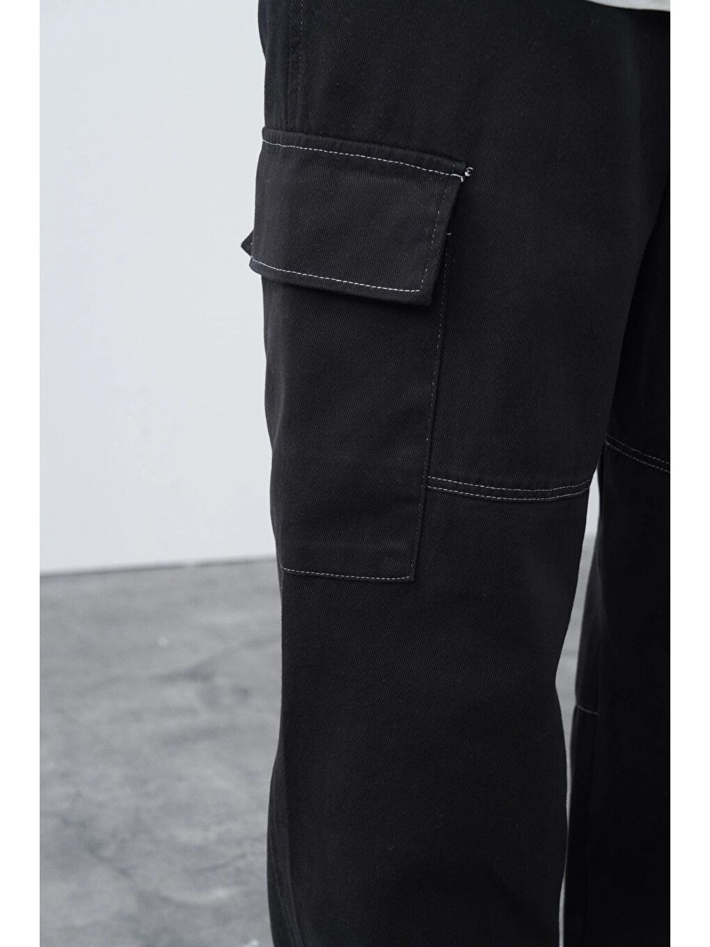 Siyah Oversize Gabardin Kargo Pantolon-4