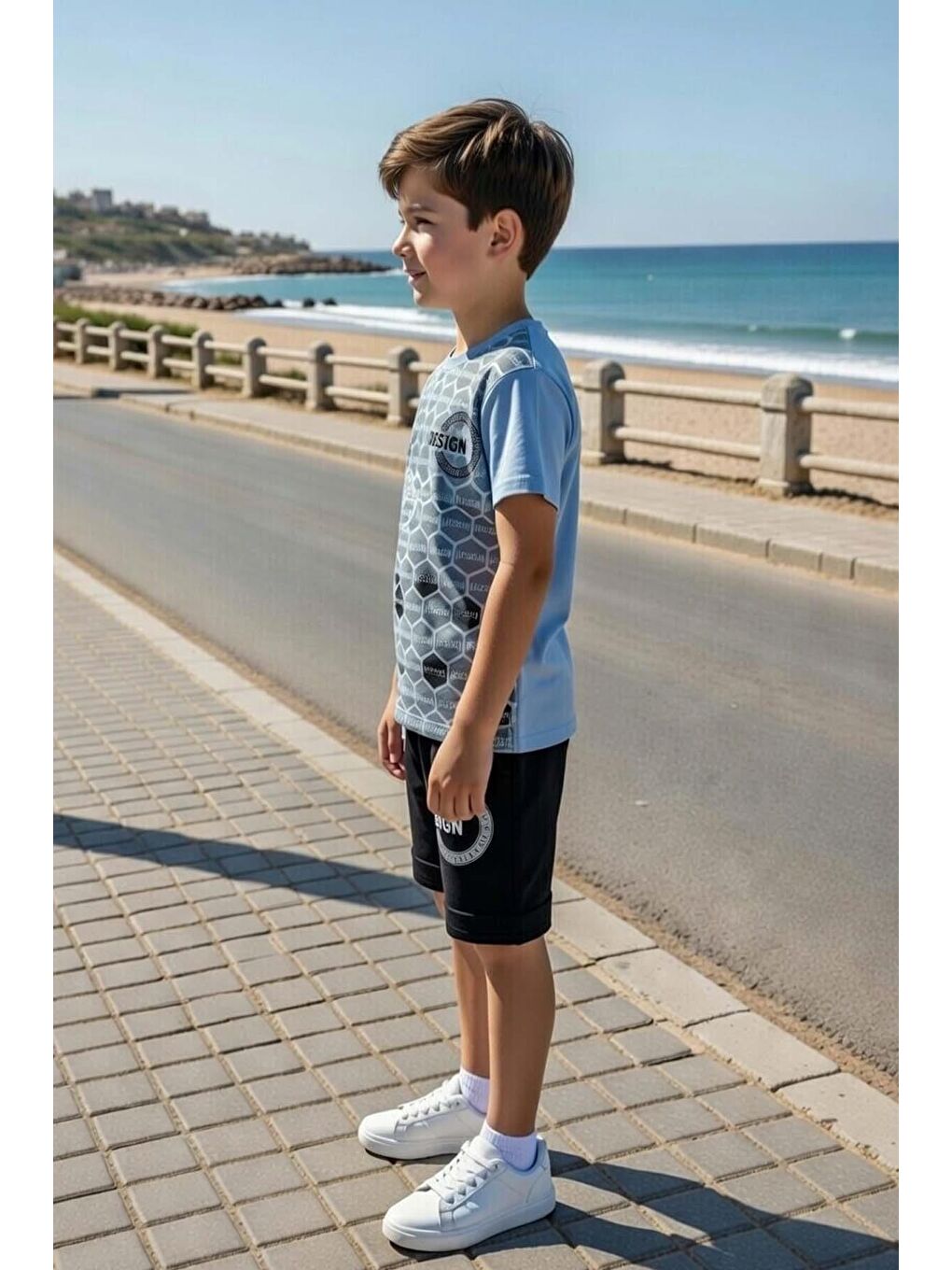Erkek Çocuk Design Yazı ve Bal Peteği Detayları Mavi Şortlu Takım-2
