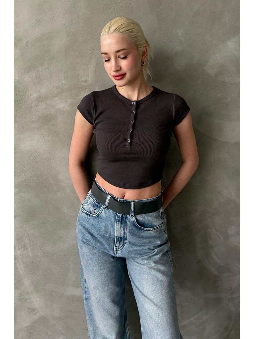 Gri Füme Çıt Kapamalı Kadın Tişört Mg2306-4