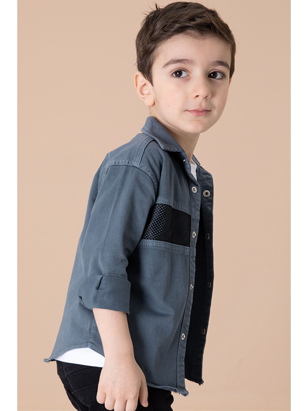 Antrasit Crew Yazılı Tişörtlü File Detaylı Erkek Çocuk Gömlek 20084-4