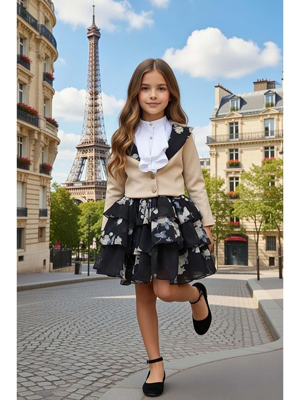 Kız Çocuk Kısa Kollu Yakası Fırfır Gömlek Bej Blazer Ceket Çiçek Desen Atlas Kumaş Etekli Takım