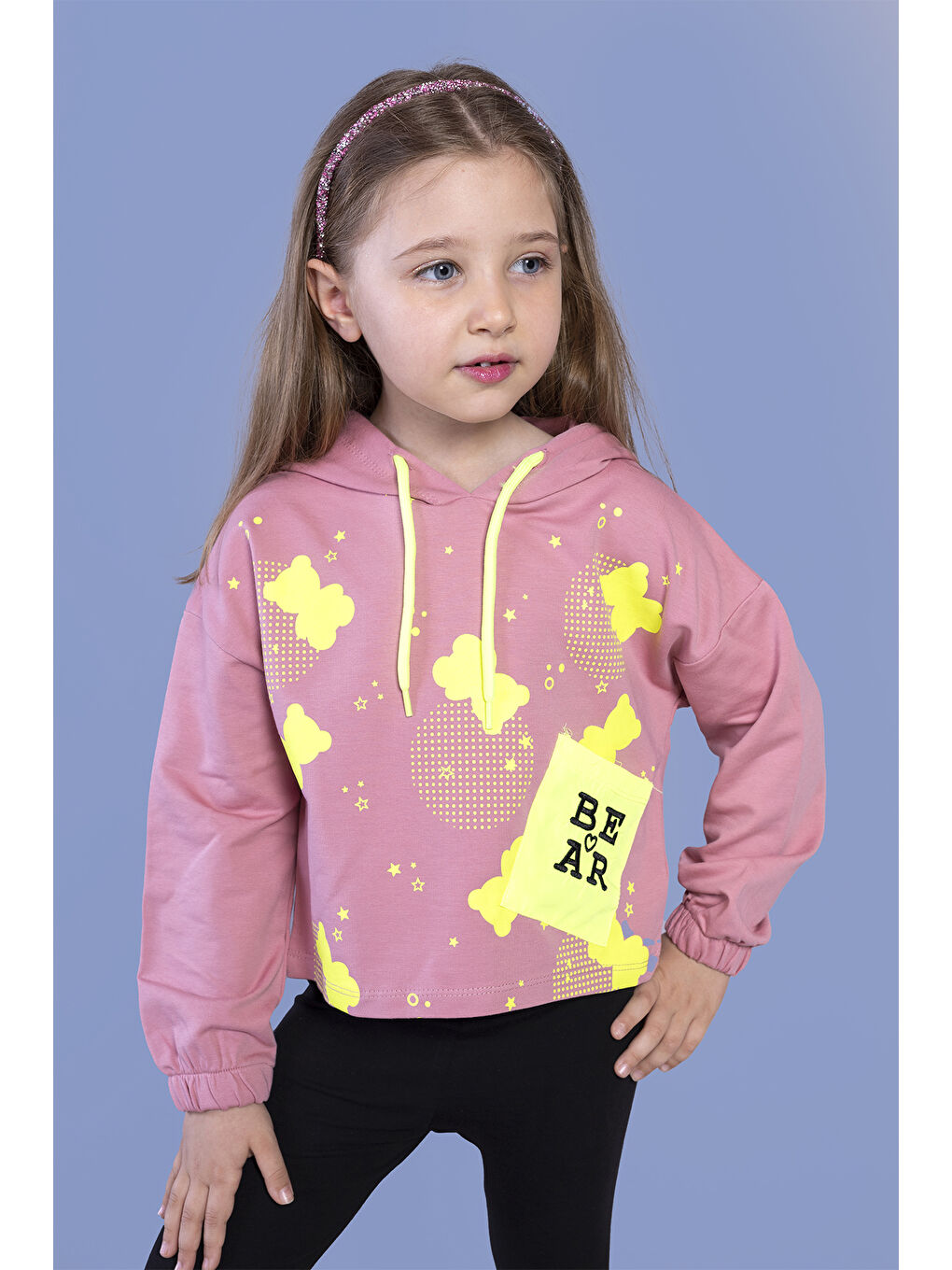 Pembe Kız Çocuk Cep Detaylı Baskılı Sweatshirt