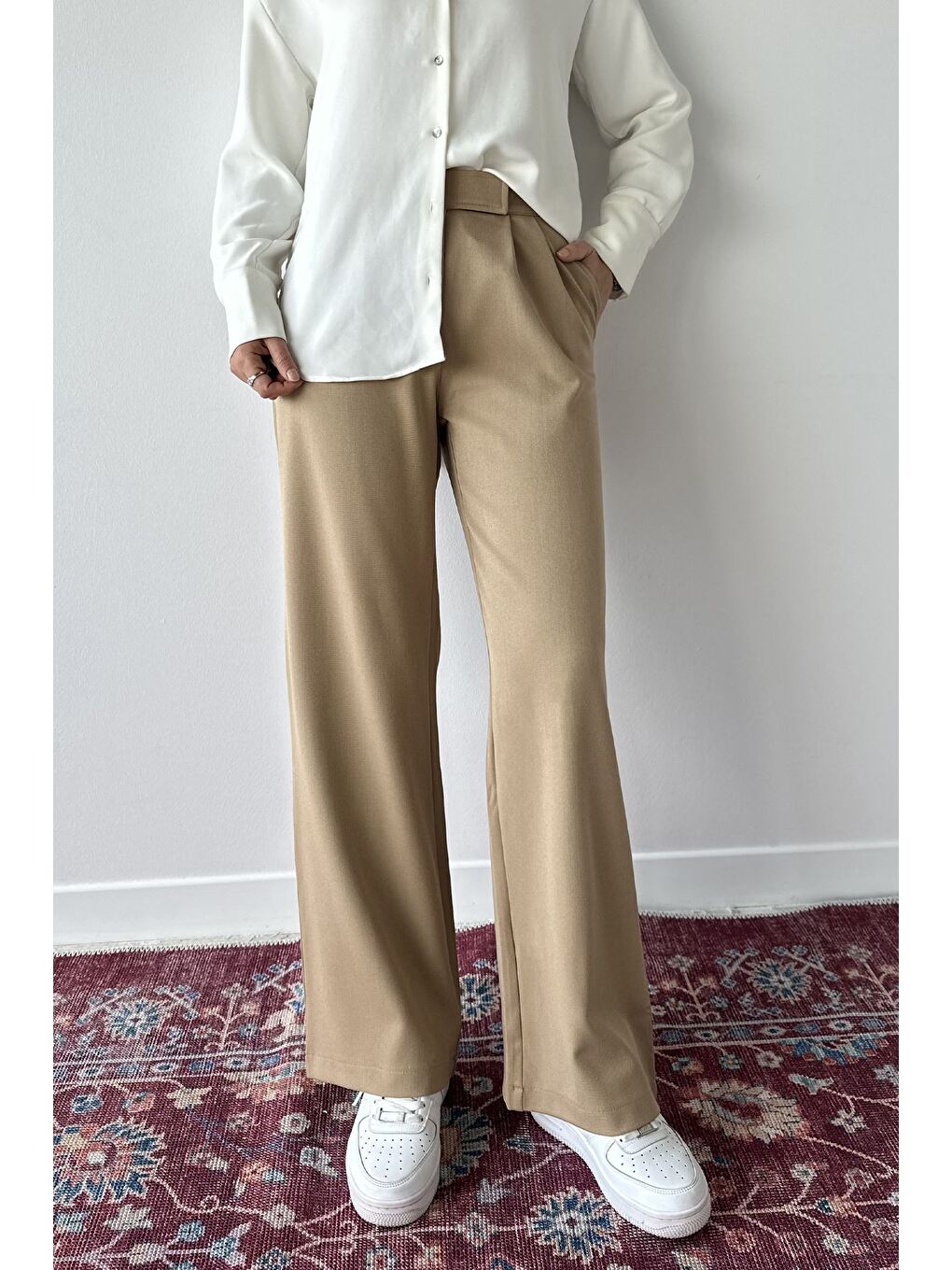 Bej Kadın Bel Lastikli Cırtlı Tesettür Palazzo Pantolon