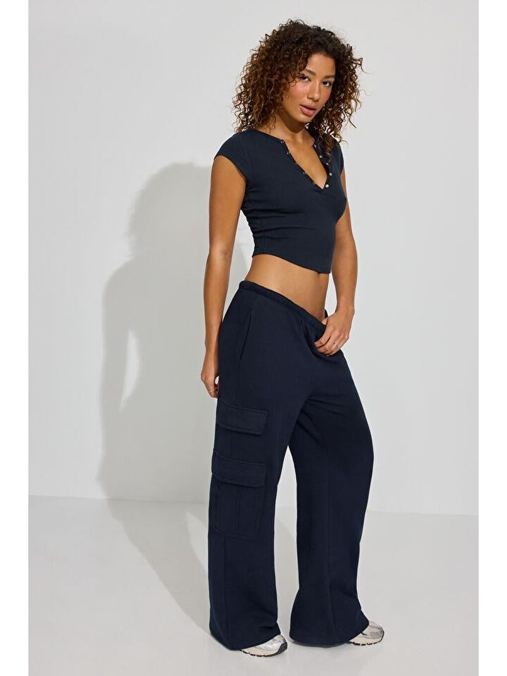 Lacivert Henley Çıt Kapamalı Kadın Tişört Mg2306