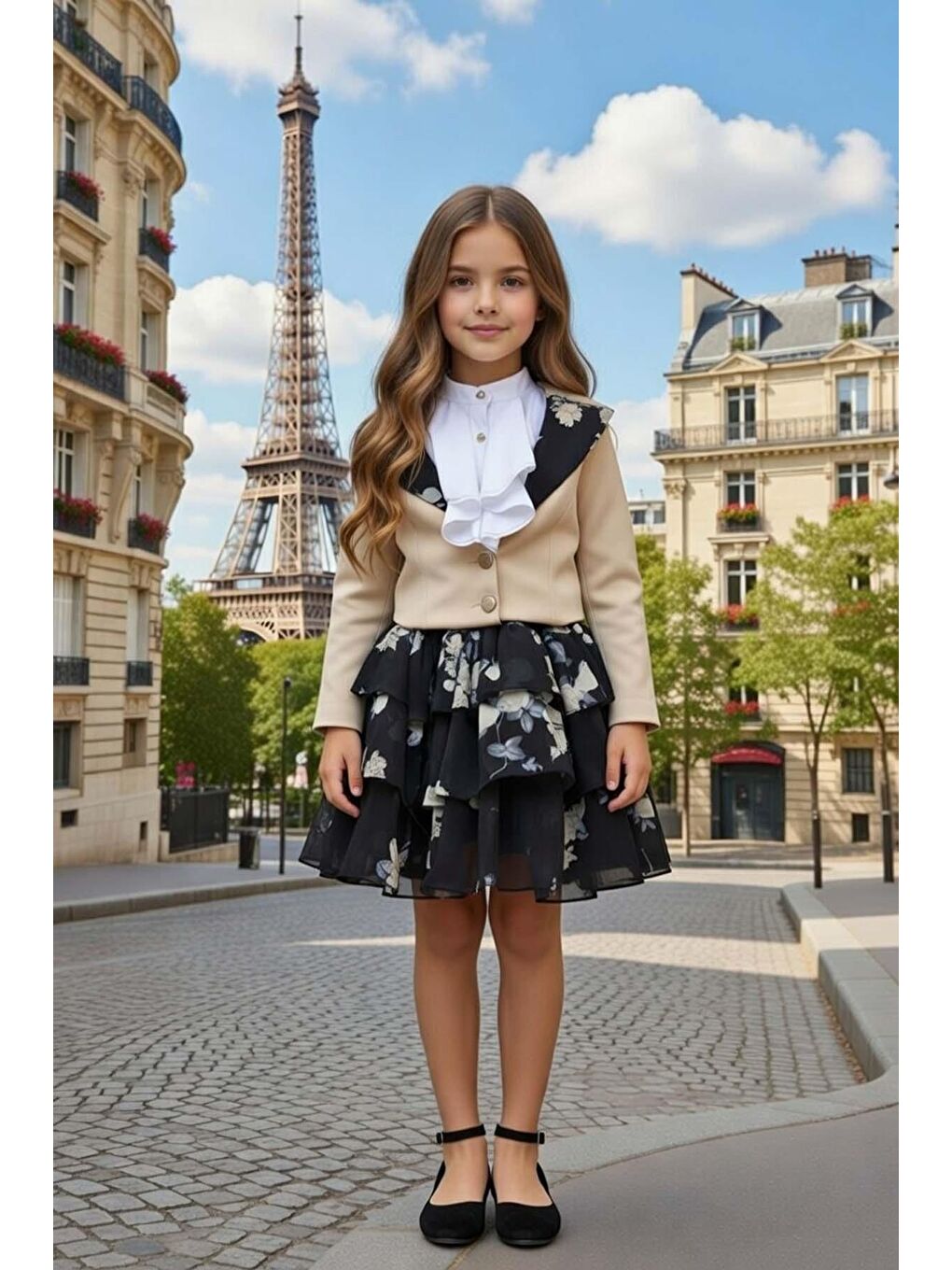 Kız Çocuk Kısa Kollu Yakası Fırfır Gömlek Bej Blazer Ceket Çiçek Desen Atlas Kumaş Etekli Takım-2