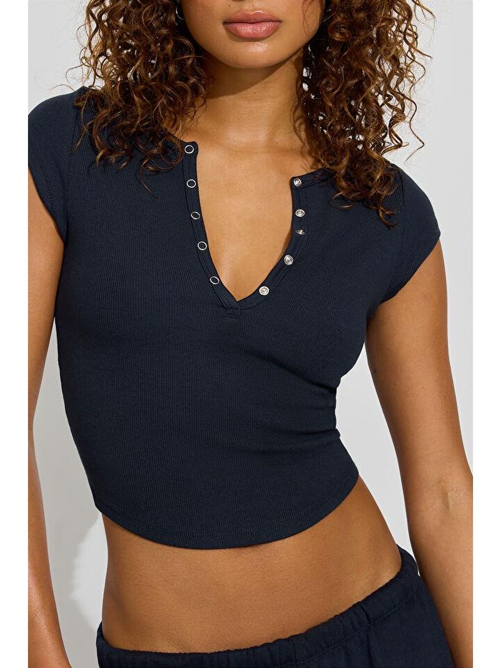 Lacivert Henley Çıt Kapamalı Kadın Tişört Mg2306-1