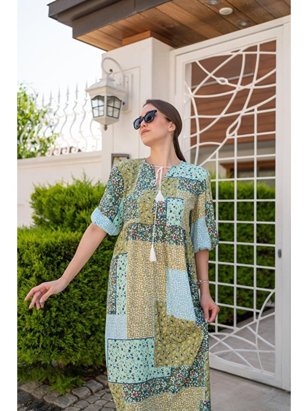 Yeşil Salaş Desenli Elbise-1