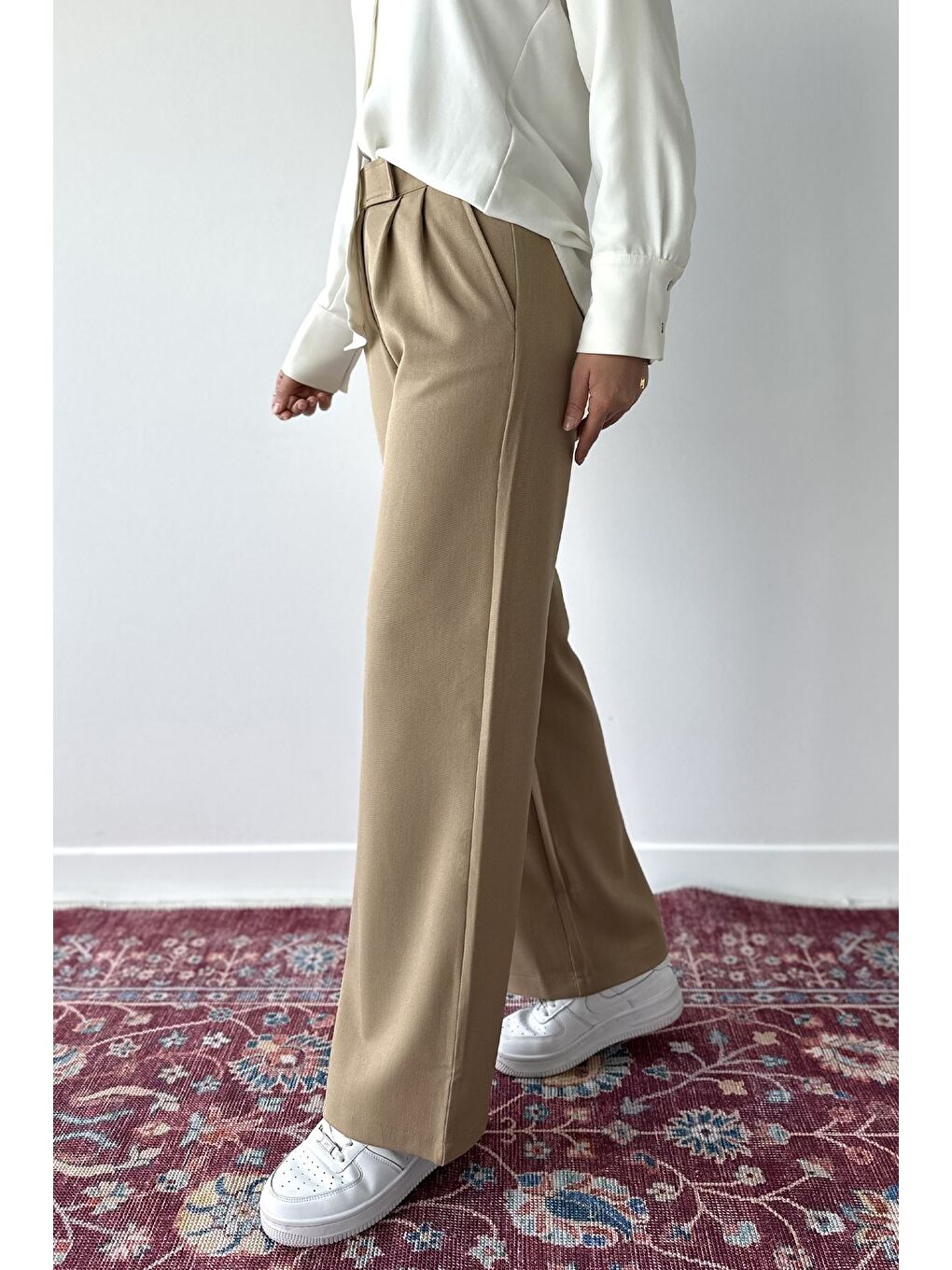 Bej Kadın Bel Lastikli Cırtlı Tesettür Palazzo Pantolon-3