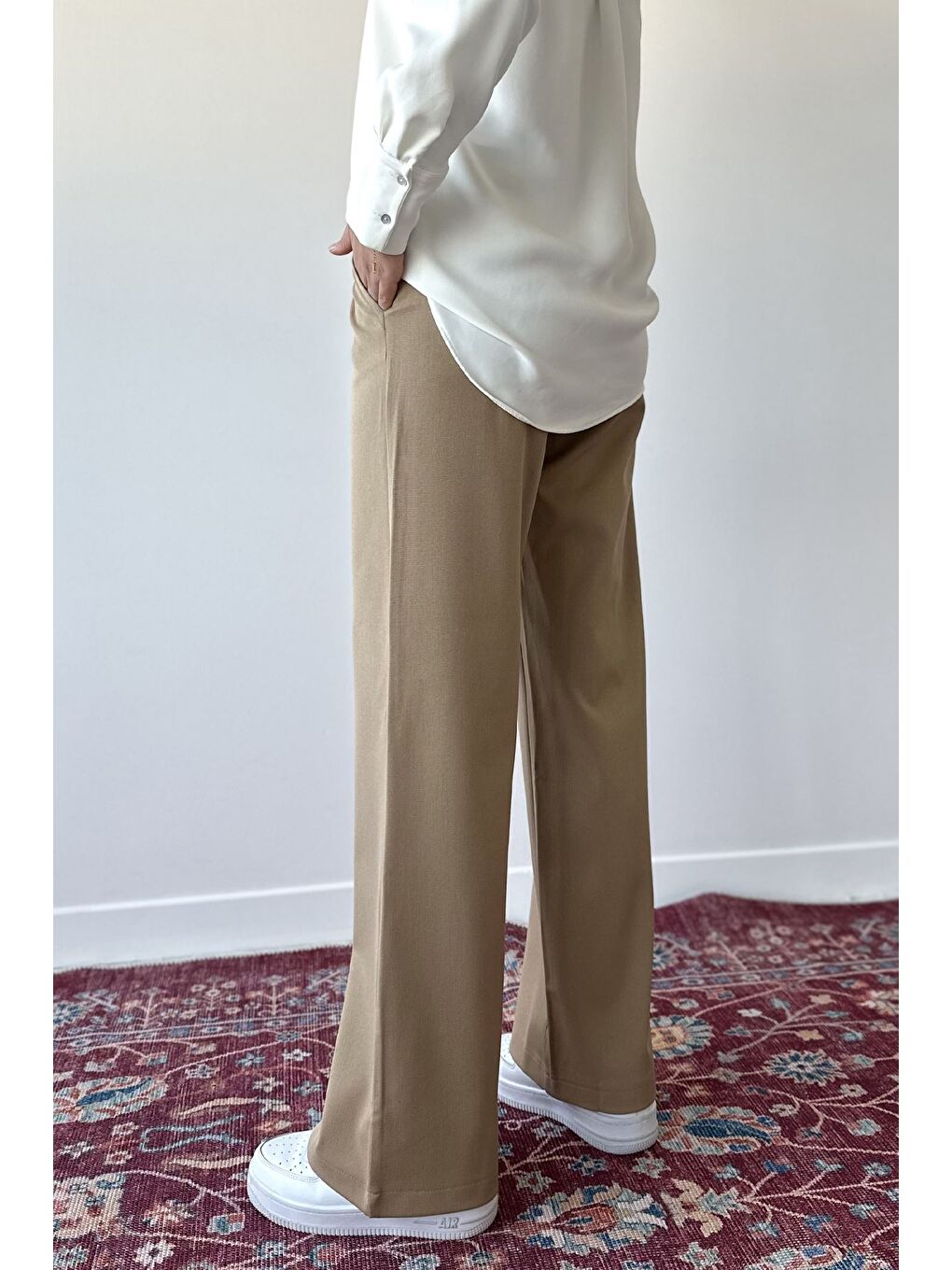 Bej Kadın Bel Lastikli Cırtlı Tesettür Palazzo Pantolon-4