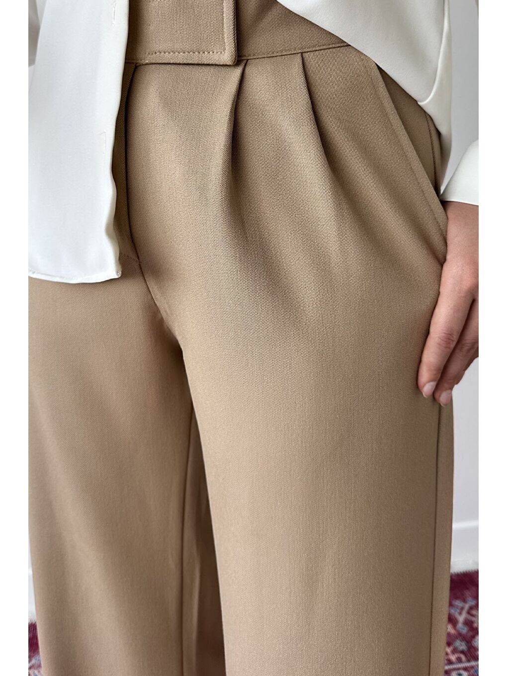 Bej Kadın Bel Lastikli Cırtlı Tesettür Palazzo Pantolon-6