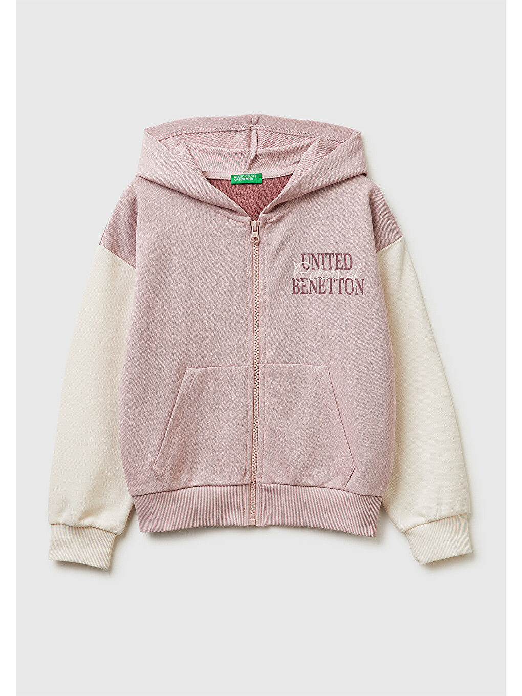 Pembe Kız Çocuk Gül Kurusu Simli Logolu Fermuarlı Cepli Kapüşonlu Yüksek Yaka Sweatshirt