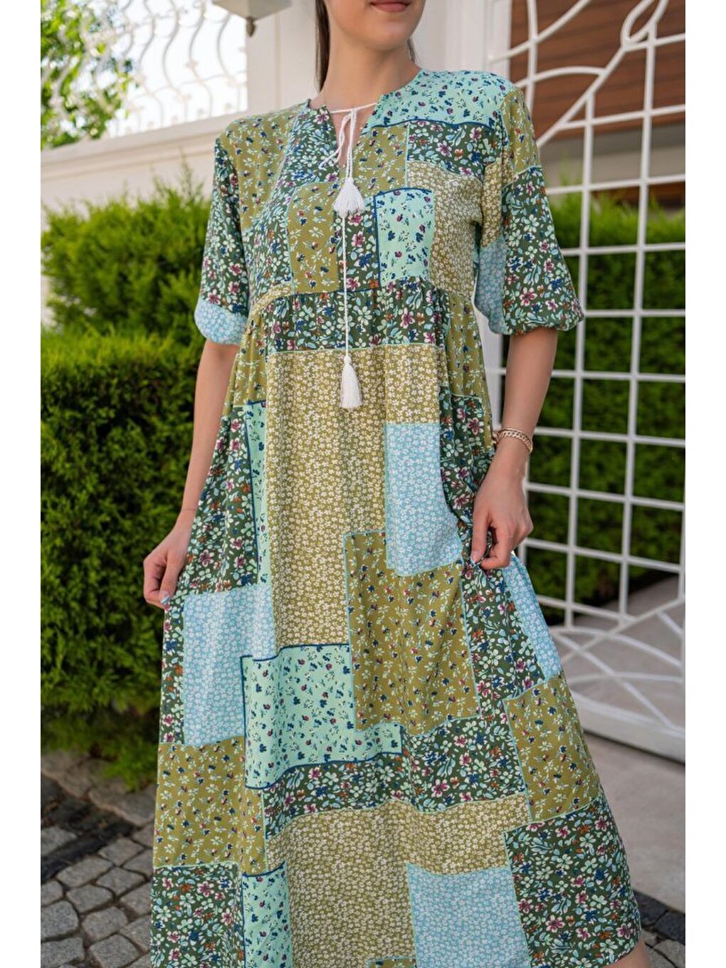 Yeşil Salaş Desenli Elbise-2