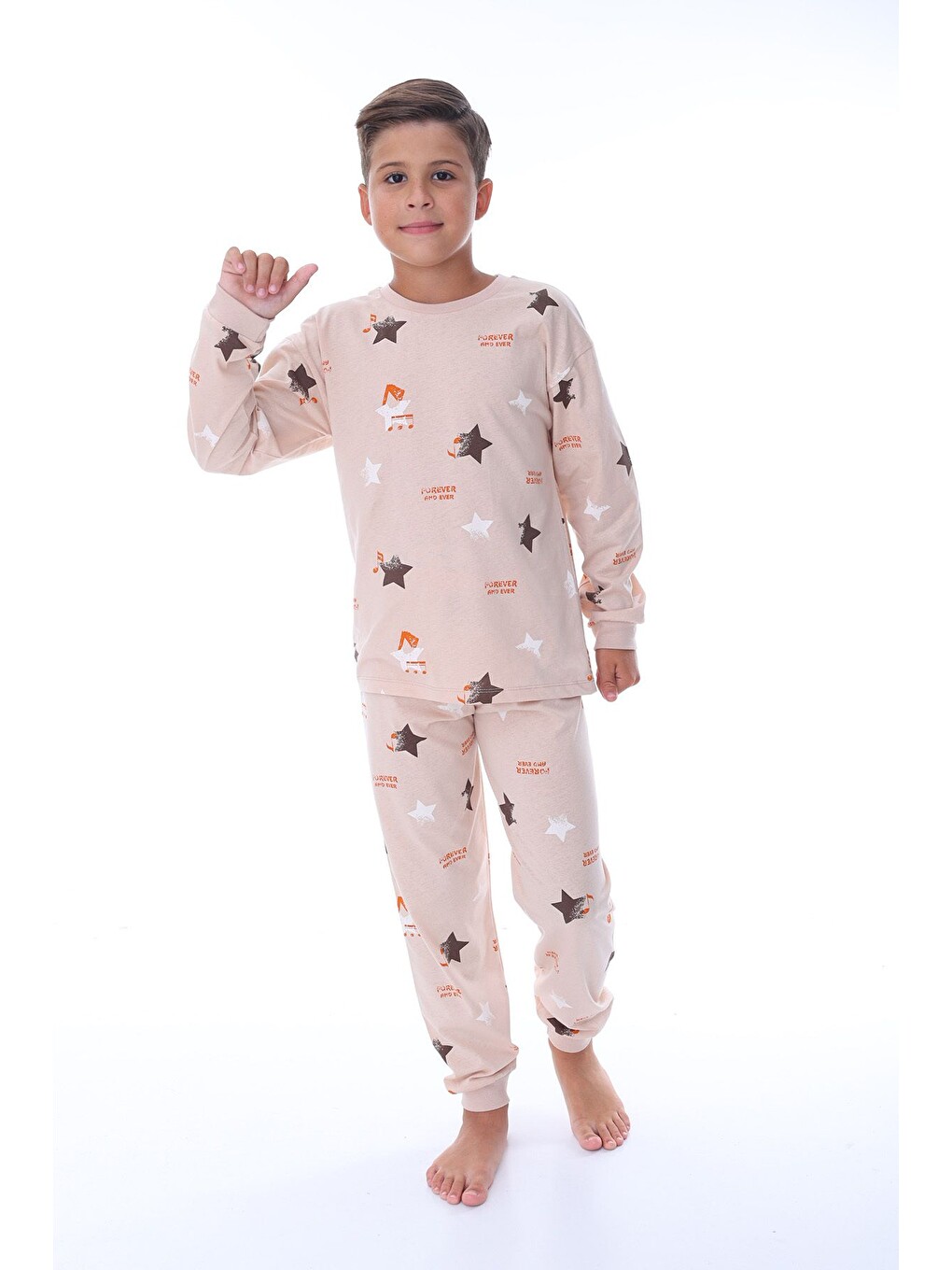 Yıldız Nota Desenli Bej Unisex Pijama Takımı