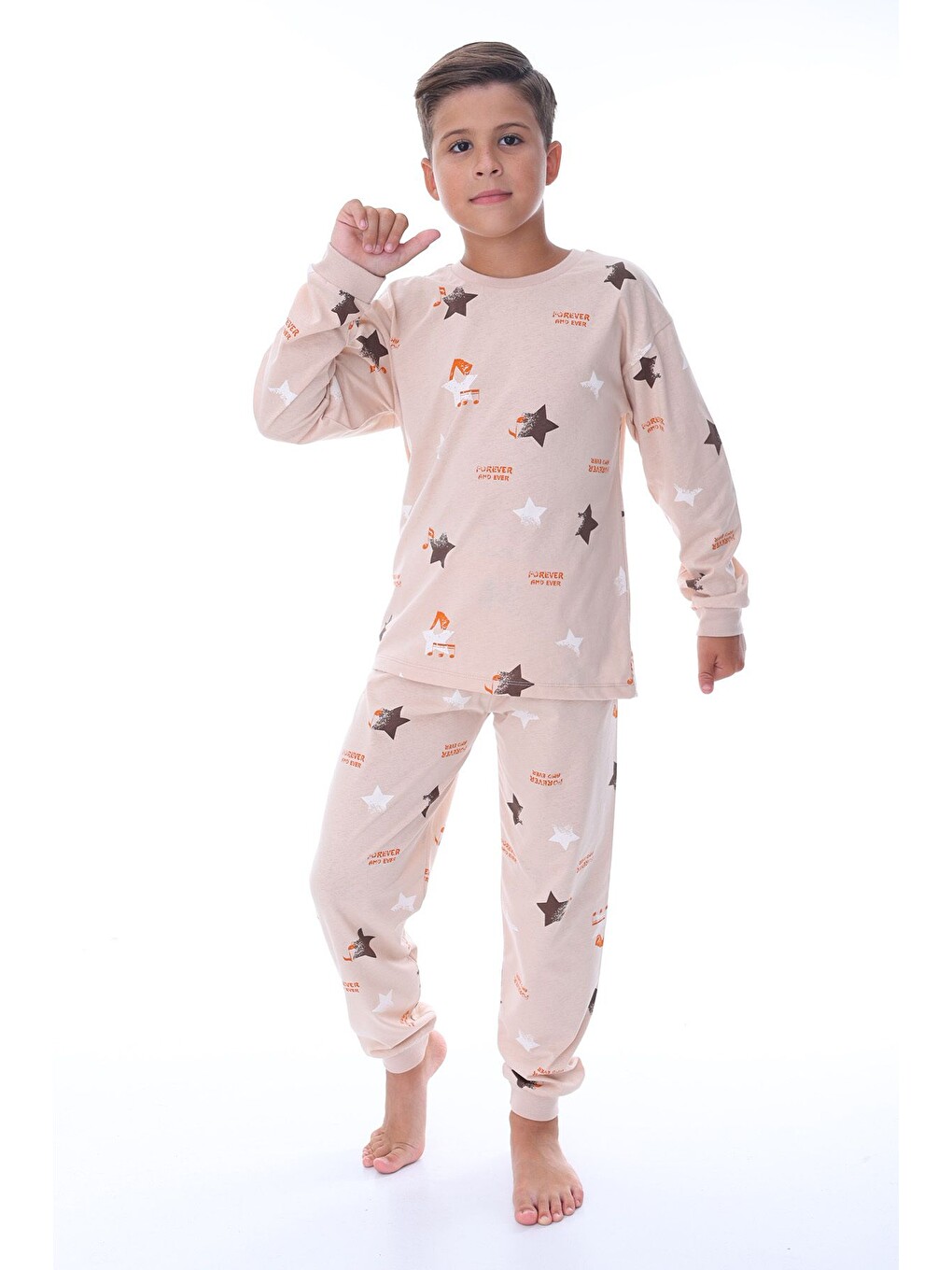 Yıldız Nota Desenli Bej Unisex Pijama Takımı-1