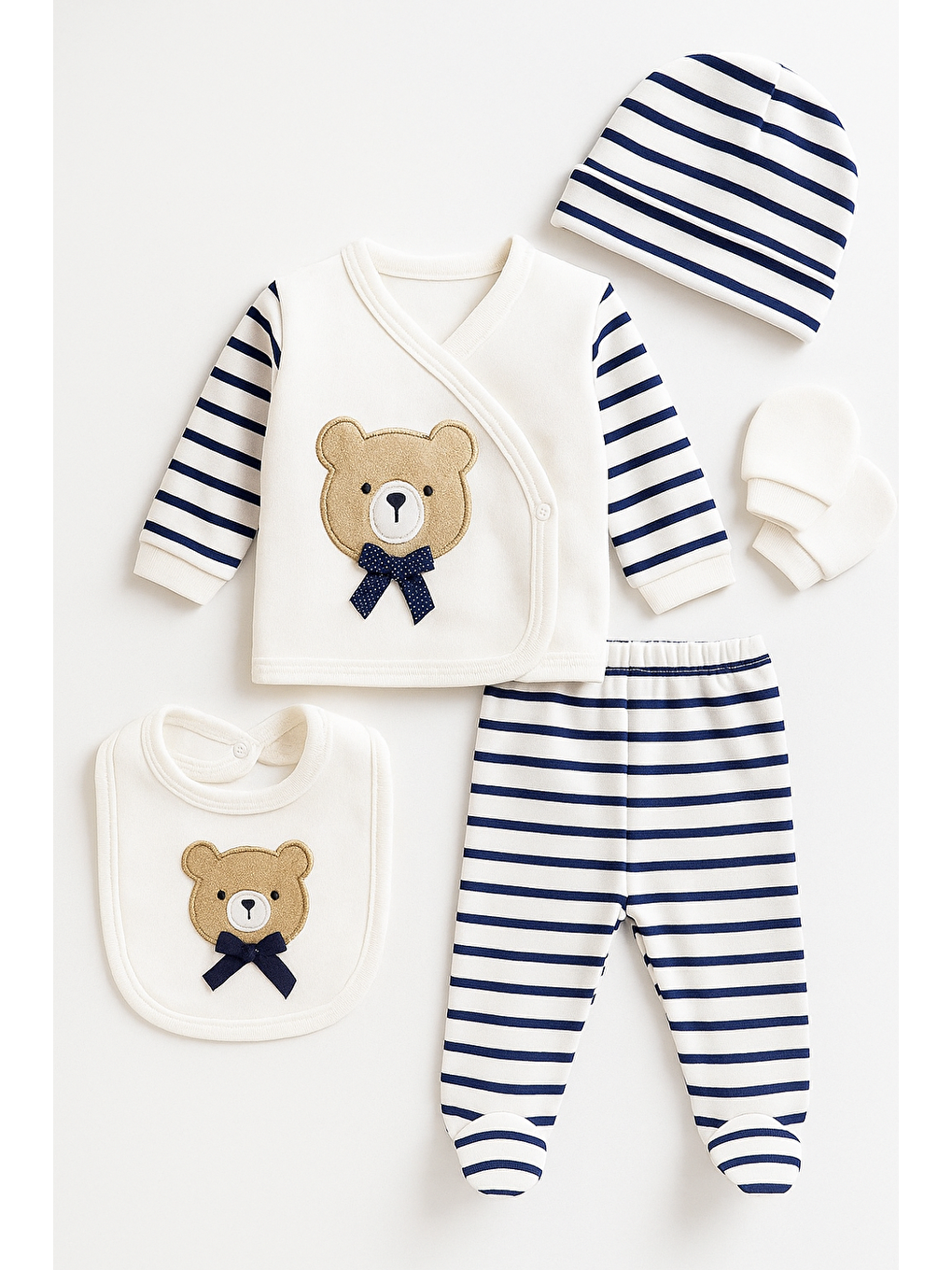 Ekru Kutulu Ayıcık Nakışlı 5li Hastane Çıkış Seti